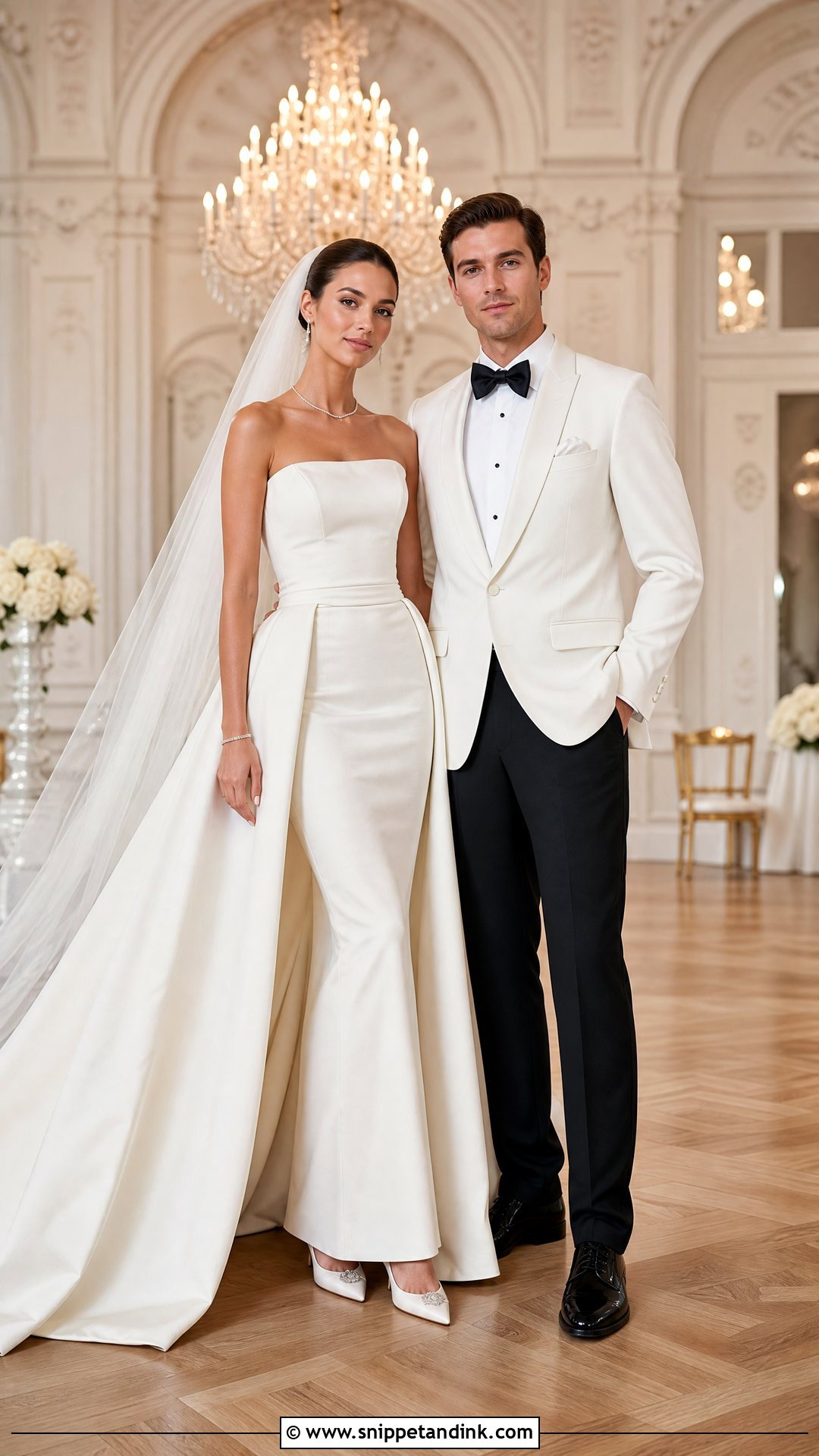 Overskirt Wedding Dress And White Dinner Jacket Outfit - Snippet and Ink - 25 Wedding Outfits for Couples