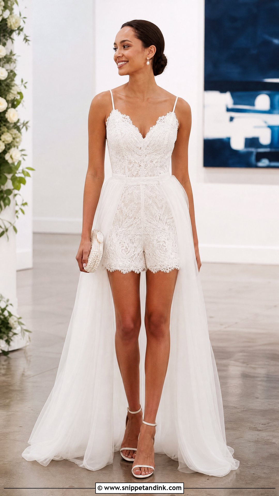 Overskirt Wedding Romper With Bridal Heels - Snippet and Ink - 20 Wedding Rompers Ideas
