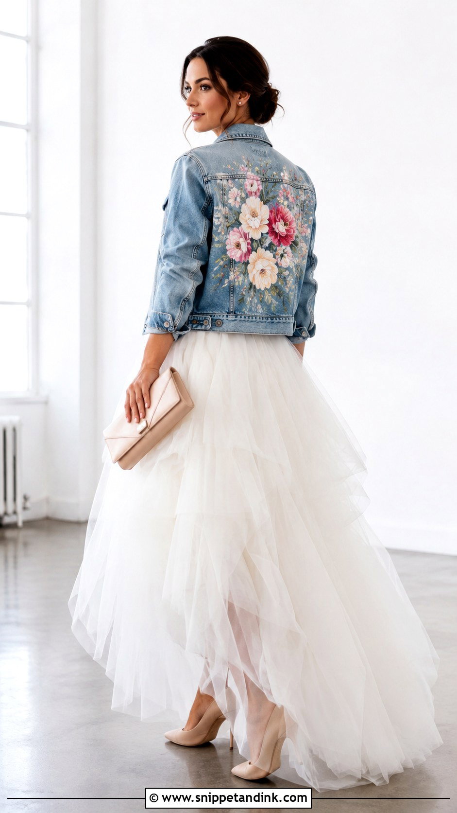 Painted Bridal Denim Jacket With Tulle Skirt - Snippet and Ink - 20 Bridal Denim Jacket Ideas