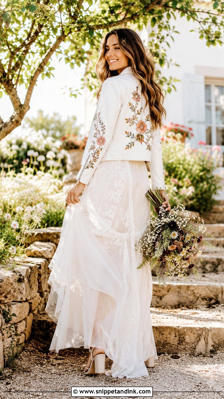 Painted Floral Bride Leather Jacket With Boho Dress - Snippet and Ink - 20 Bride Leather Jacket Ideas