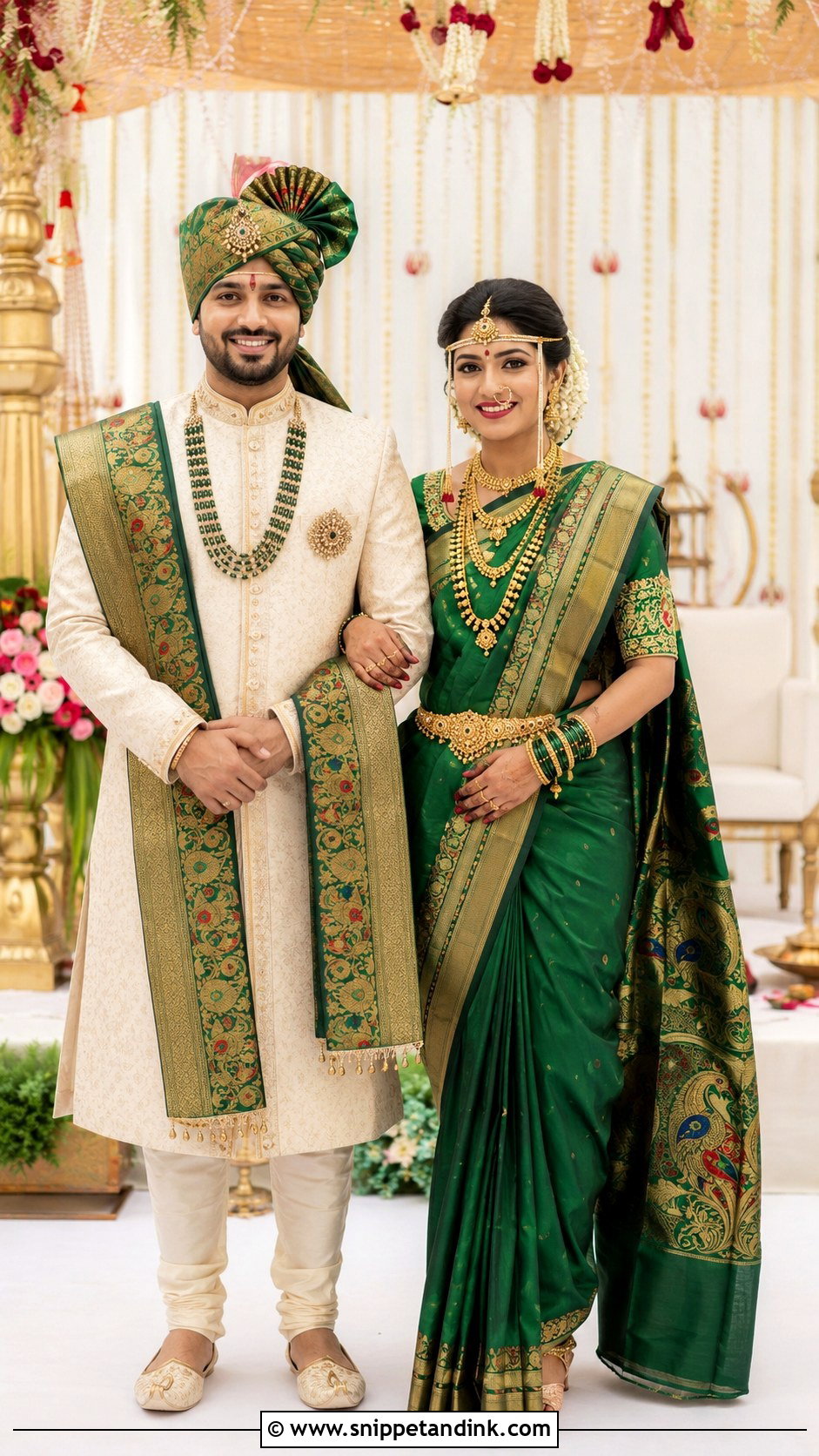 Paithani Dupatta Sherwani And Nauvari Bride Look - Snippet and Ink - 25 Peshwai Look for Wedding Couple Ideas