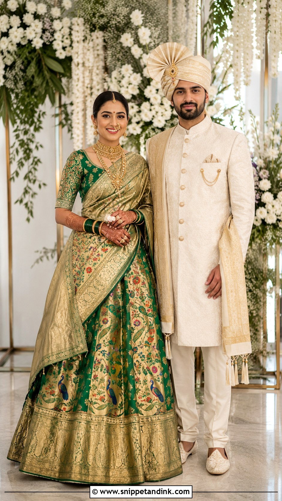 Paithani Lehenga And Bandhgala Groom Outfit - Snippet and Ink - 25 Maharashtrian Wedding Couple Outfits