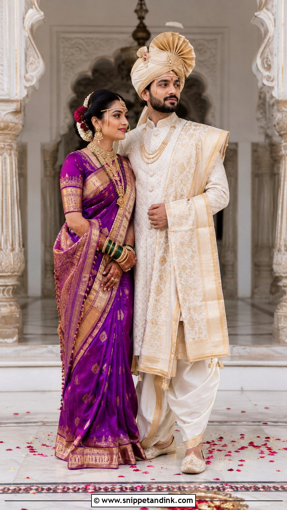 Paithani Saree And Angarkha Groom Peshwai Look - Snippet and Ink - 25 Peshwai Look for Wedding Couple Ideas