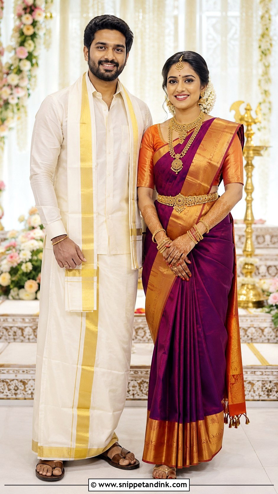 Paithani Saree And Cream Kurta Couple Outfit - Snippet and Ink - 20 Indian Wedding Couple Outfits