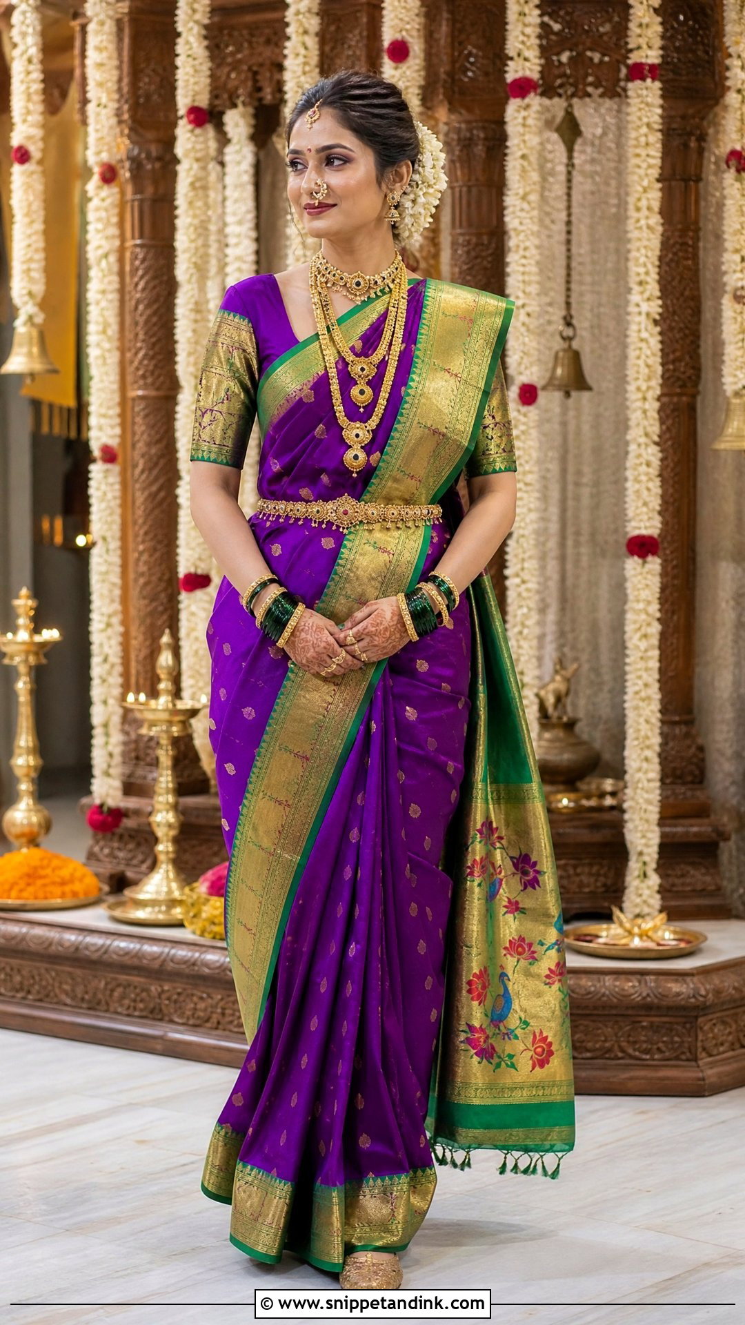 Paithani Saree With Traditional Gold Accessories - Snippet and Ink - 25 Hindu Wedding Dress Ideas