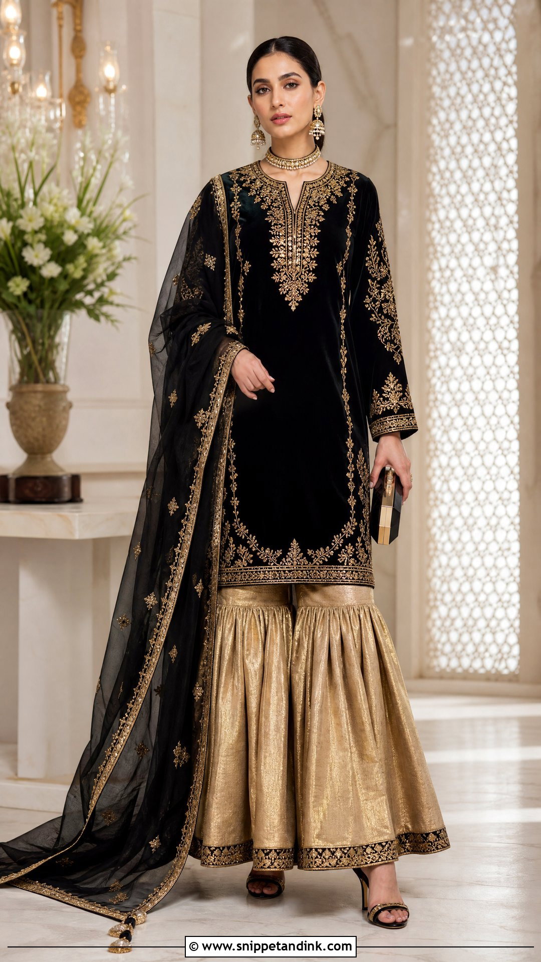 Pakistani Black Velvet Kurta With Gold Gharara - Snippet and Ink - 20 Pakistani Wedding Wear for Sister Ideas