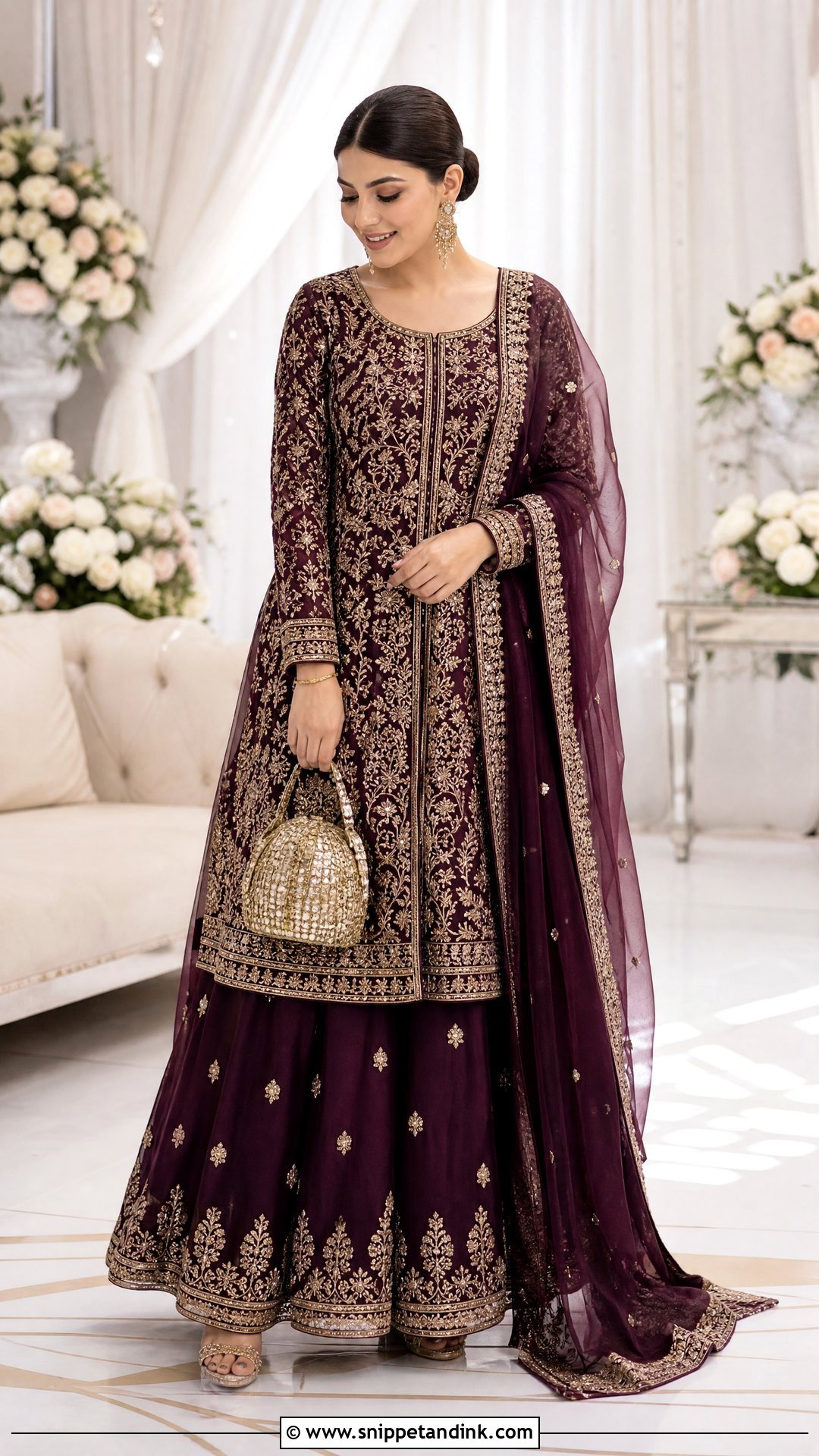 Pakistani Bridal Sister Plum Long Shirt Lehenga - Snippet and Ink - 20 Pakistani Bridal Sister Dresses