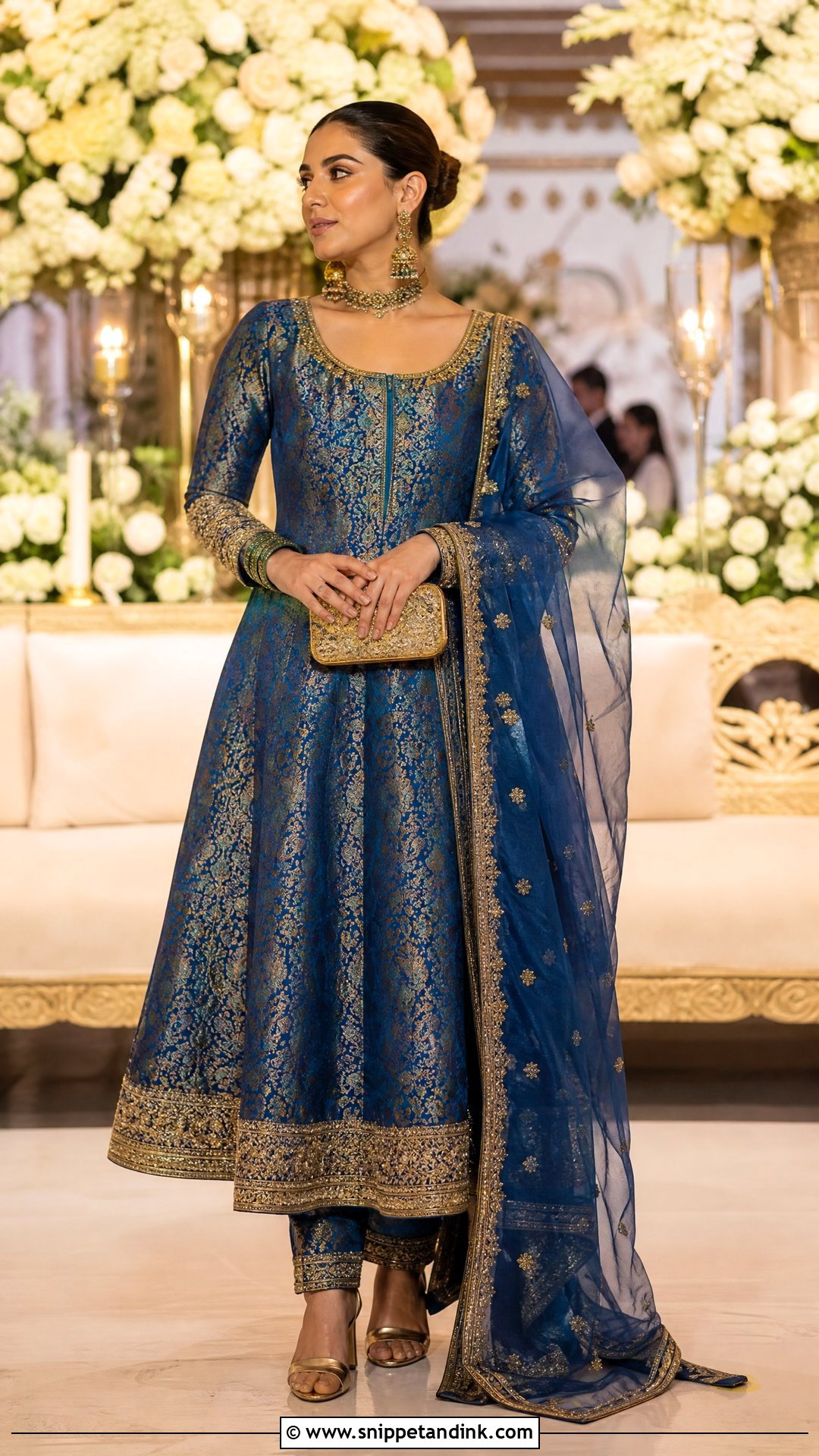 Pakistani Cobalt Jamawar Peshwas With Dupatta - Snippet and Ink - 20 Pakistani Wedding Wear for Sister Ideas