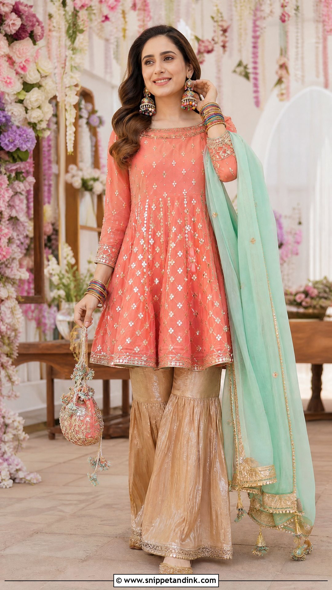 Pakistani Coral Frock With Crushed Sharara - Snippet and Ink - 20 Pakistani Wedding Wear for Sister Ideas