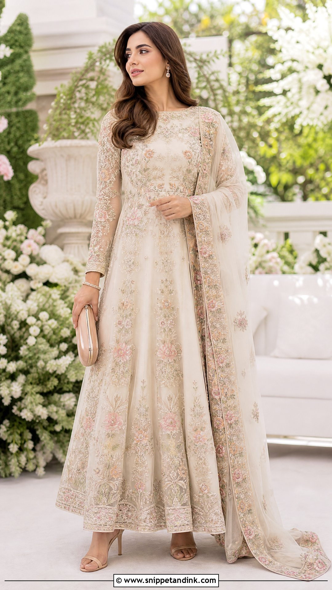 Pakistani Floral Embroidered Gown With Heels - Snippet and Ink - 20 Pakistani Gown Ideas
