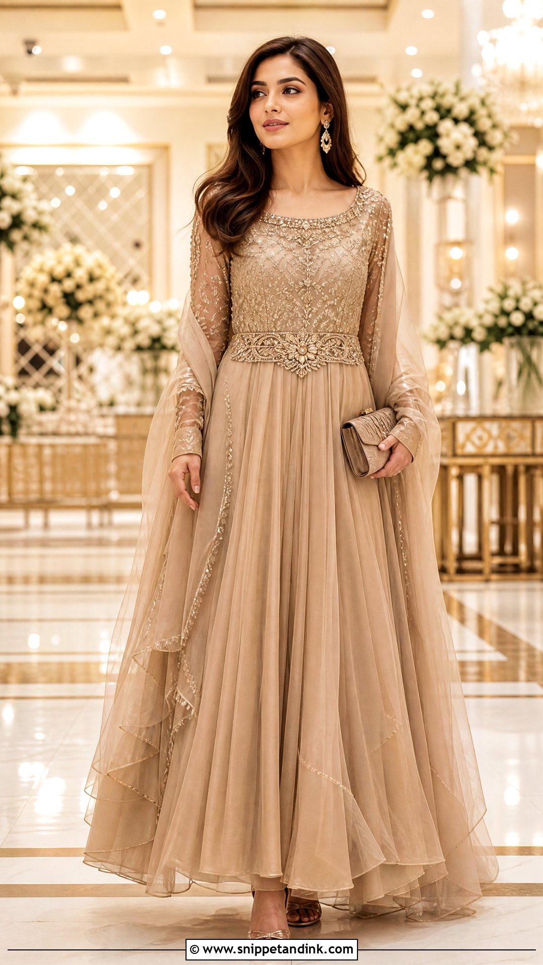 Pakistani Gold Gown With Embroidered Belt - Snippet and Ink - 20 Pakistani Gown Ideas