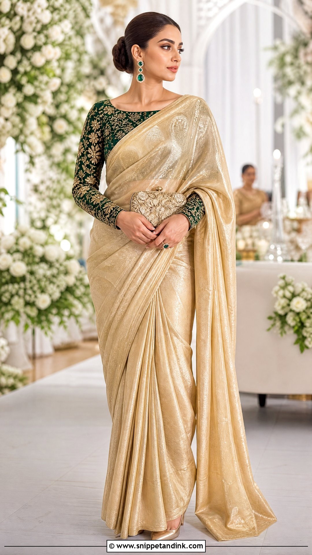 Pakistani Gold Tissue Saree With Full Sleeve Blouse - Snippet and Ink - 20 Pakistani Wedding Wear for Sister Ideas