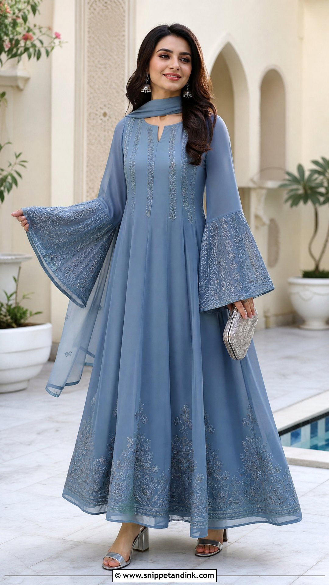Pakistani Gown With Bell Sleeves And Dupatta - Snippet and Ink - 20 Pakistani Gown Ideas