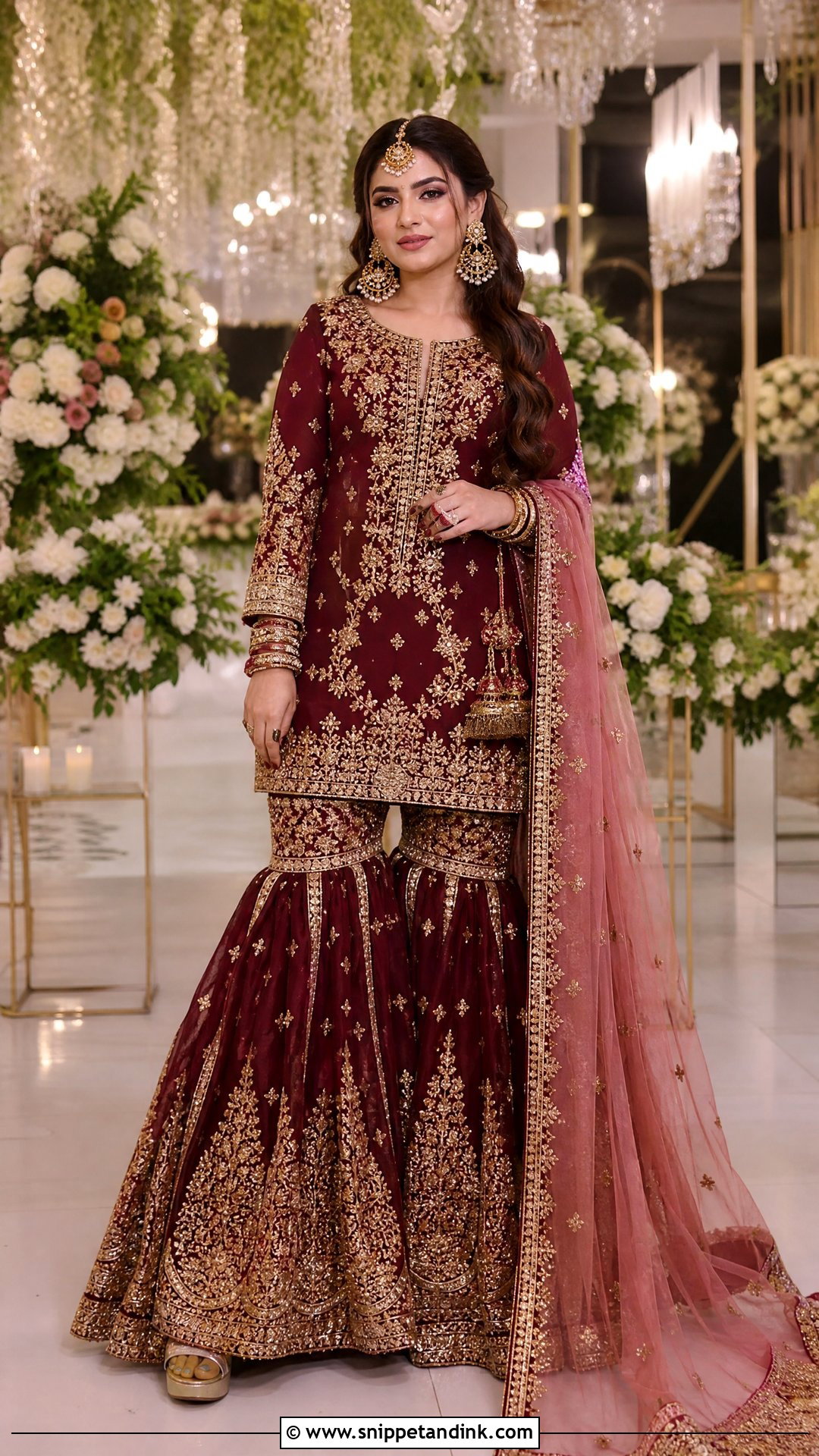 Pakistani Maroon Farshi Gharara With Short Shirt - Snippet and Ink - 20 Pakistani Wedding Wear for Sister Ideas