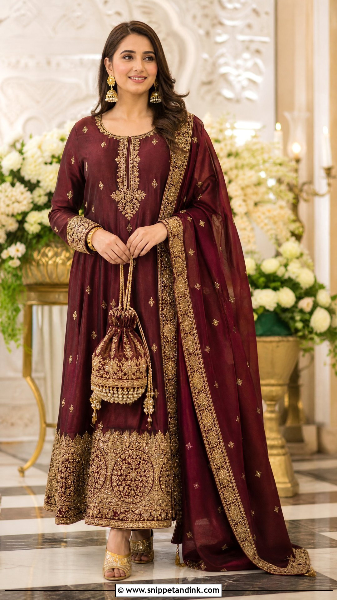 Pakistani Maroon Gown With Zari Border - Snippet and Ink - 20 Pakistani Gown Ideas