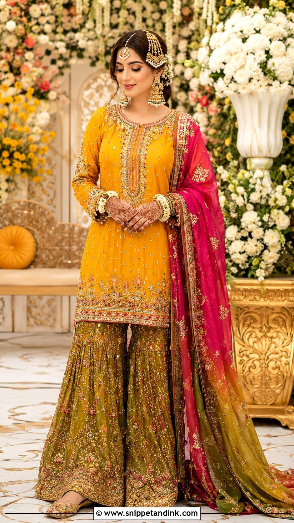 Pakistani Mehndi Gharara Outfit - Snippet and Ink - 30 Mehndi Outfit for Bride Ideas