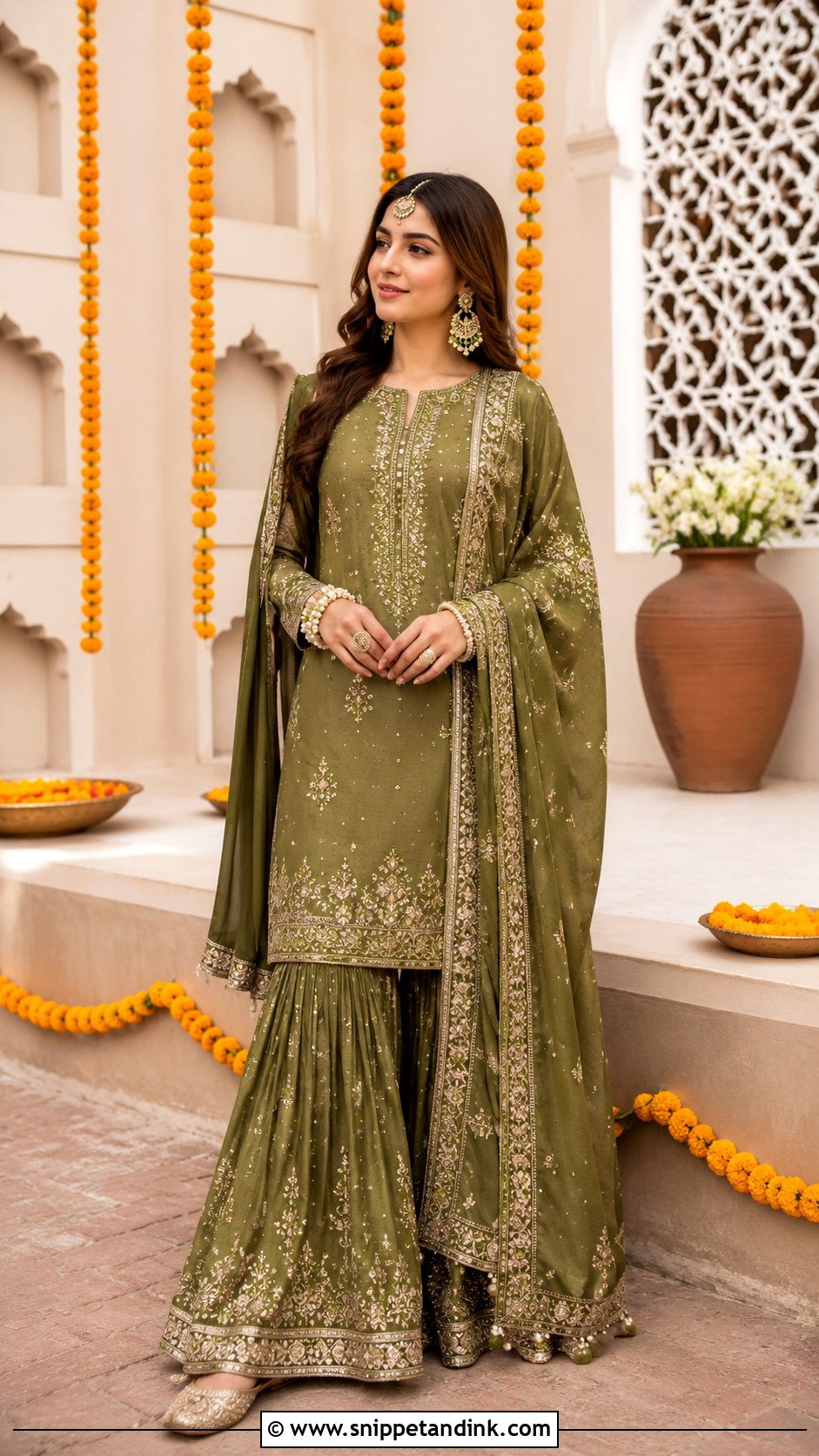 Pakistani Mehndi Sharara With Long Kameez - Snippet and Ink - 25 Mehndi Sharara Outfit Ideas