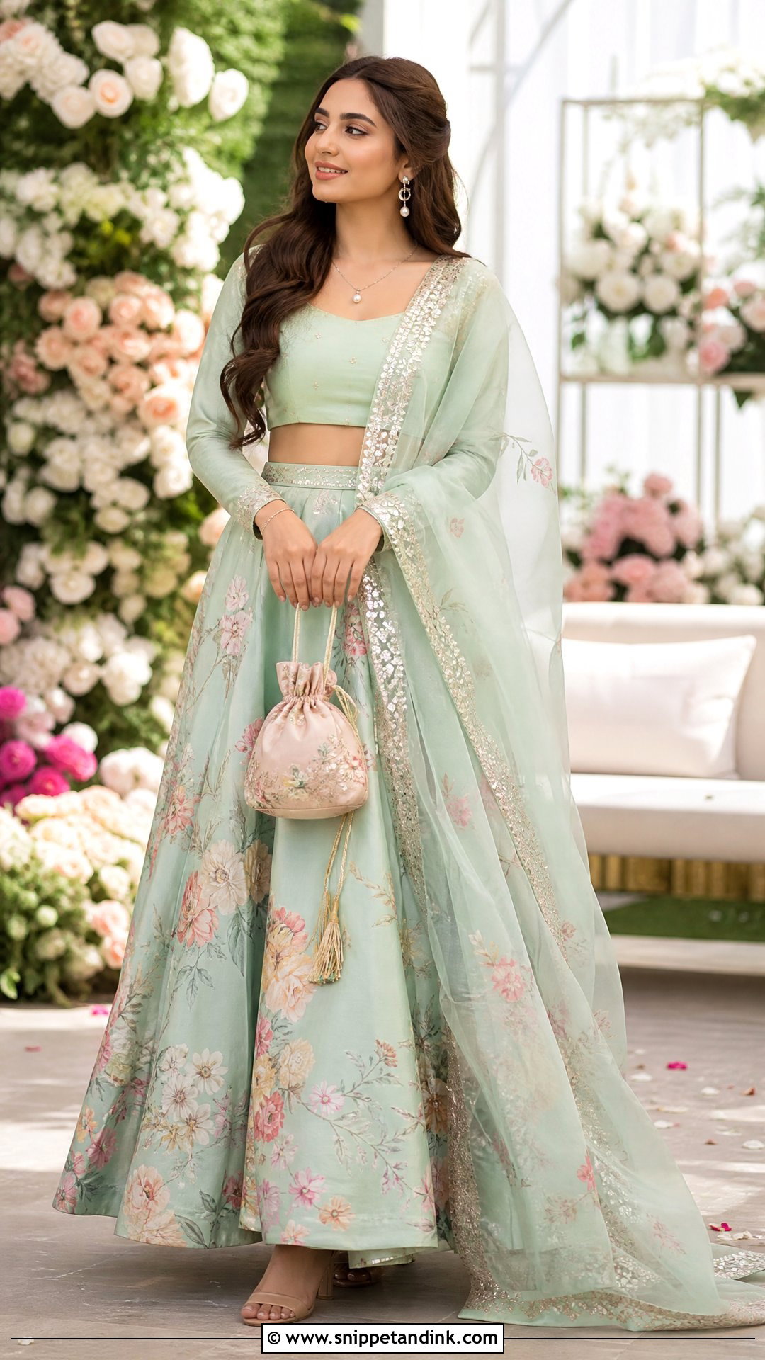 Pakistani Mint Floral Lehenga With Organza Dupatta - Snippet and Ink - 20 Pakistani Wedding Wear for Sister Ideas