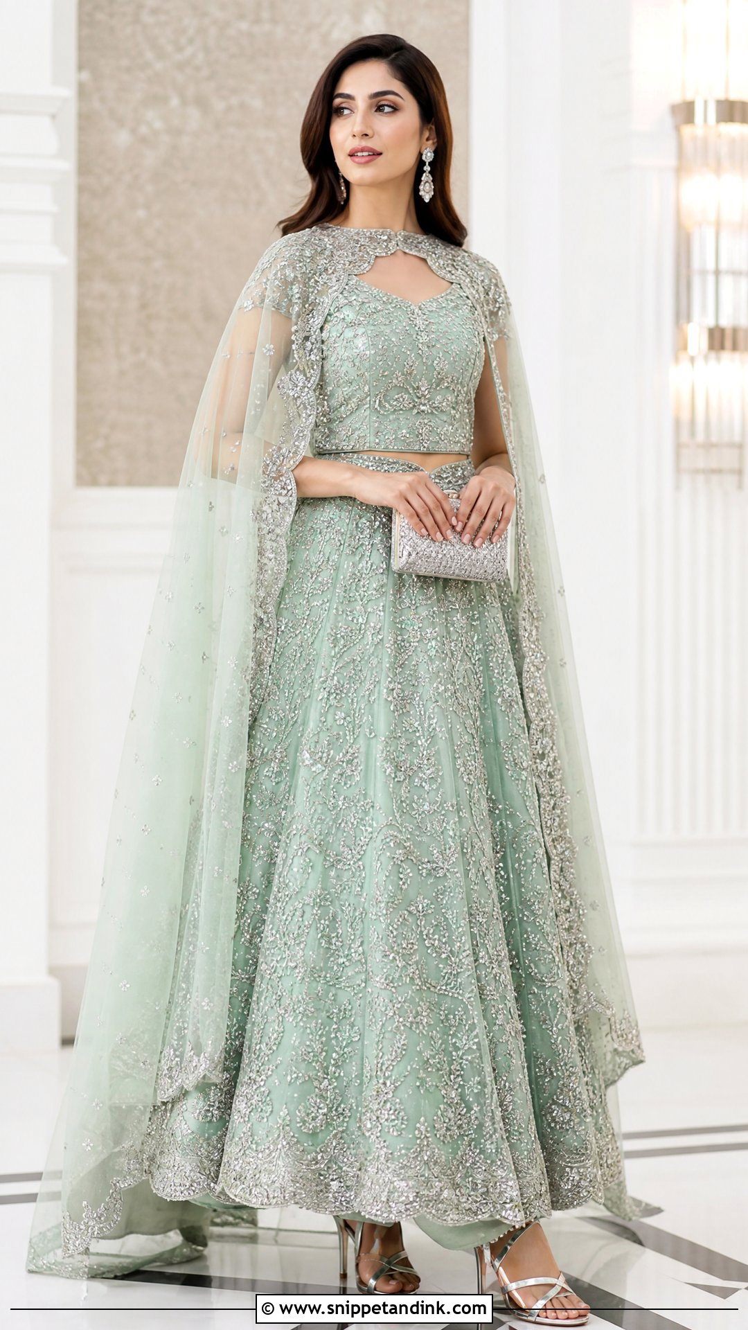 Pakistani Mint Green Cape Lehenga Outfit - Snippet and Ink - 20 Pakistan Wedding Dress Sister Ideas