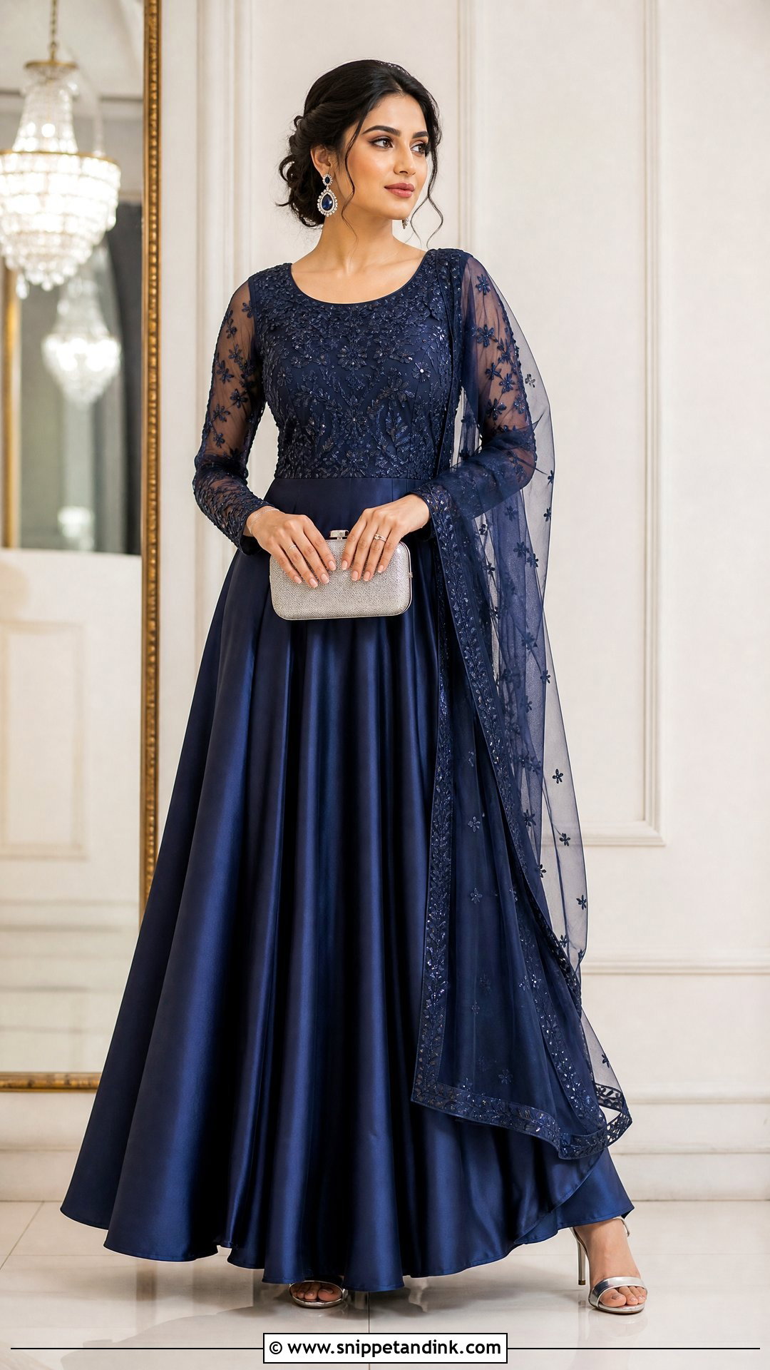 Pakistani Navy Blue Gown With Net Sleeves - Snippet and Ink - 20 Pakistani Gown Ideas
