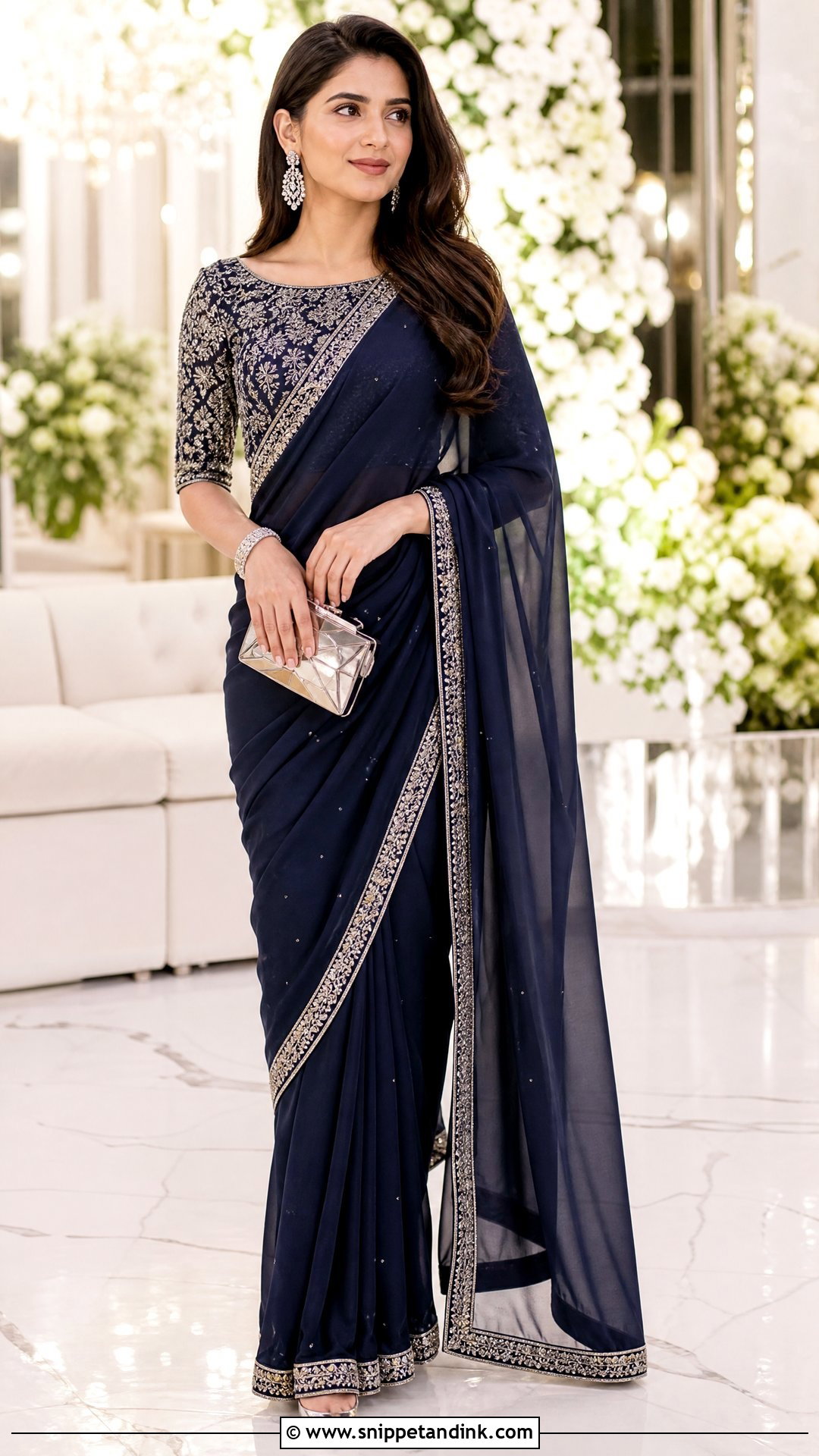 Pakistani Navy Saree With Embellished Blouse - Snippet and Ink - 20 Pakistani Wedding Wear for Sister Ideas
