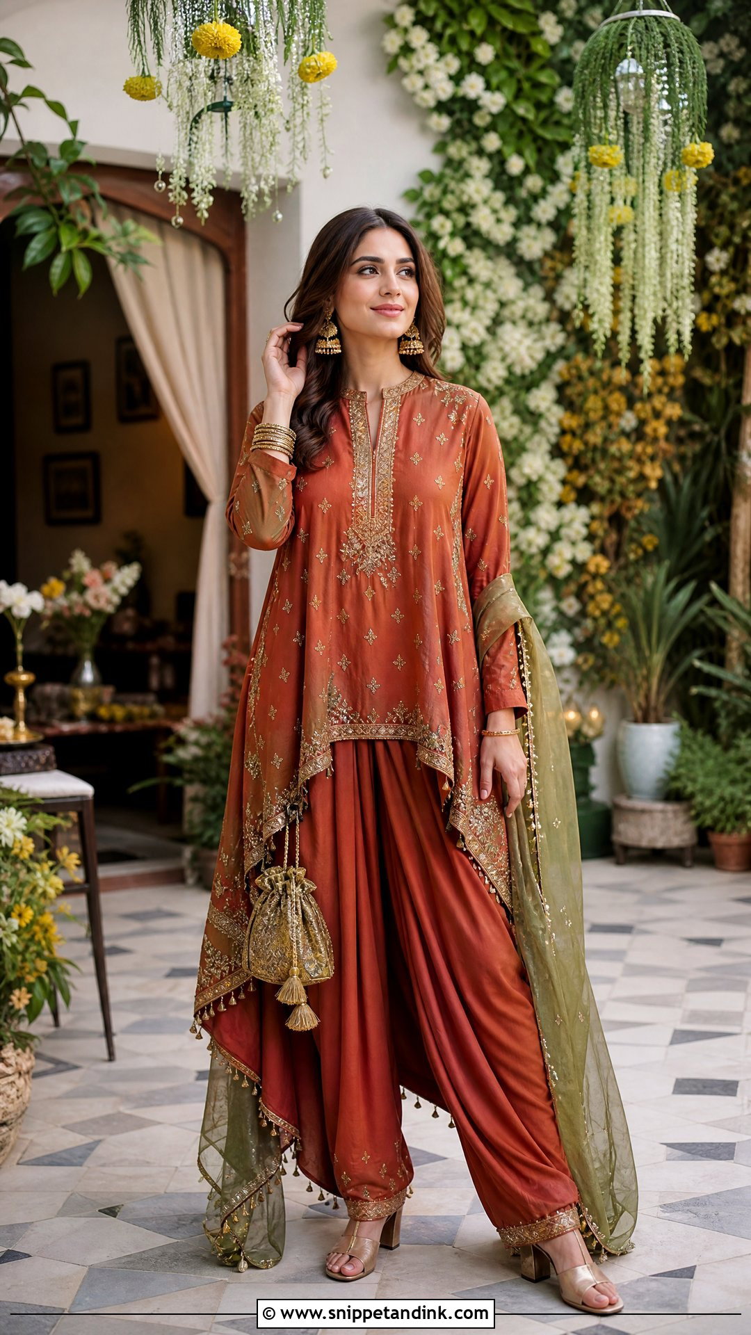 Pakistani Rust Asymmetric Shirt With Dhaka Pajama - Snippet and Ink - 20 Pakistani Wedding Wear for Sister Ideas
