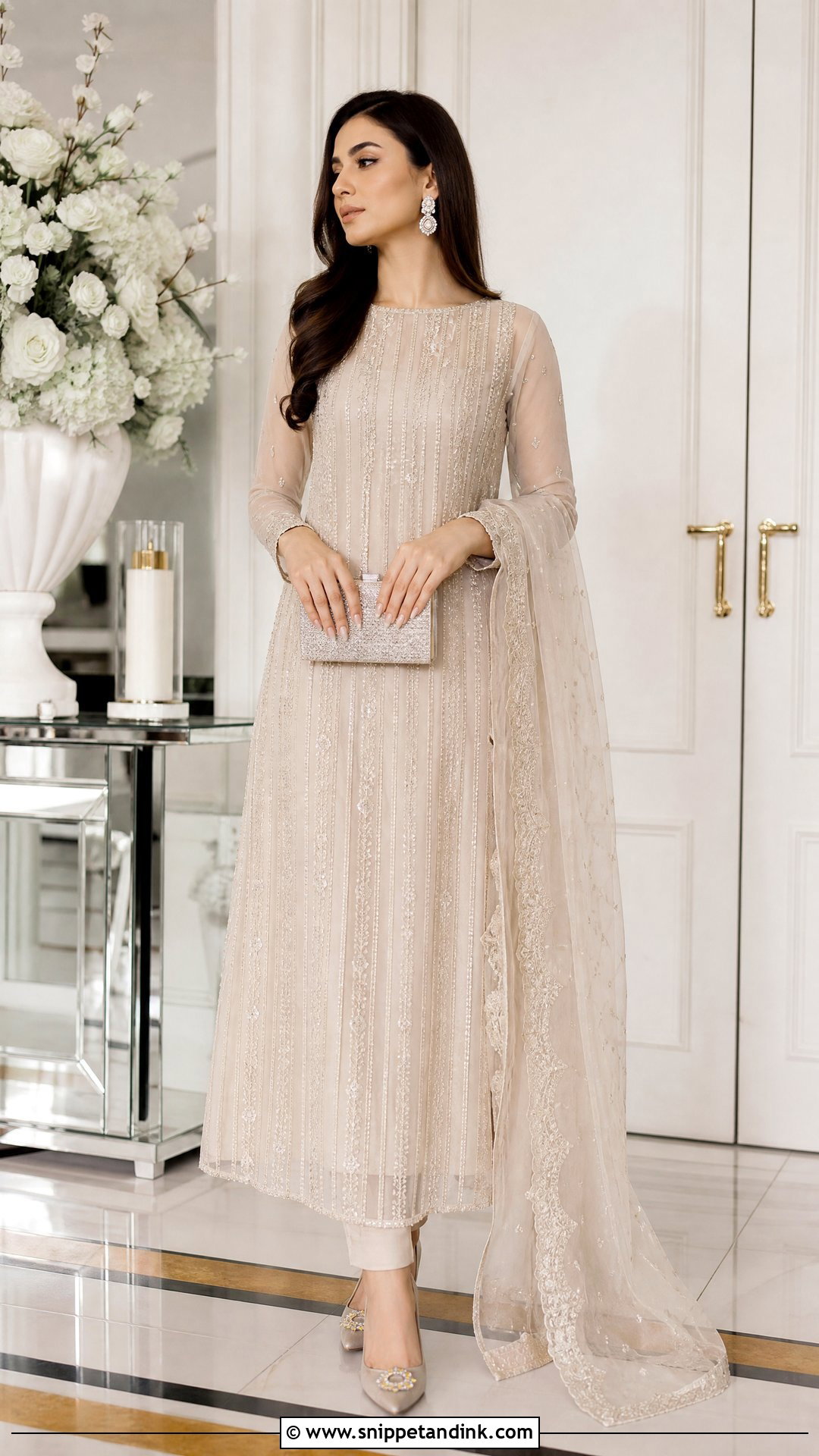Pakistani Wedding Champagne Long Shirt And Trousers - Snippet and Ink - 20 Pakistani Wedding Outfits