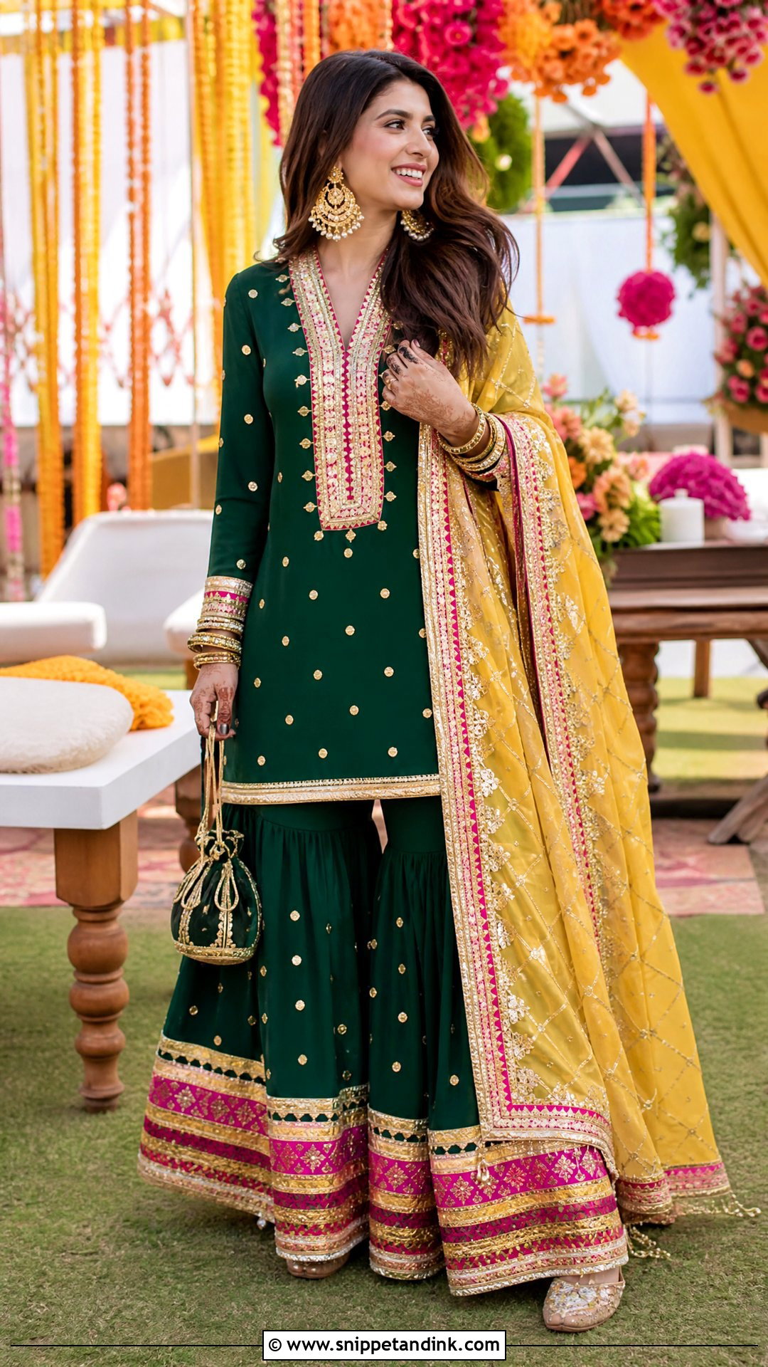 Pakistani Wedding Mehndi Green Gharara - Snippet and Ink - 20 Pakistani Wedding Outfits