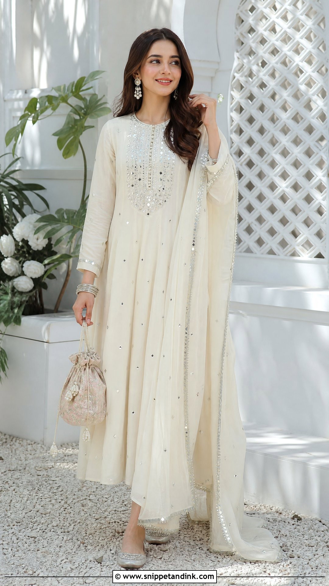 Pakistani White Gown With Mirror Work - Snippet and Ink - 20 Pakistani Gown Ideas