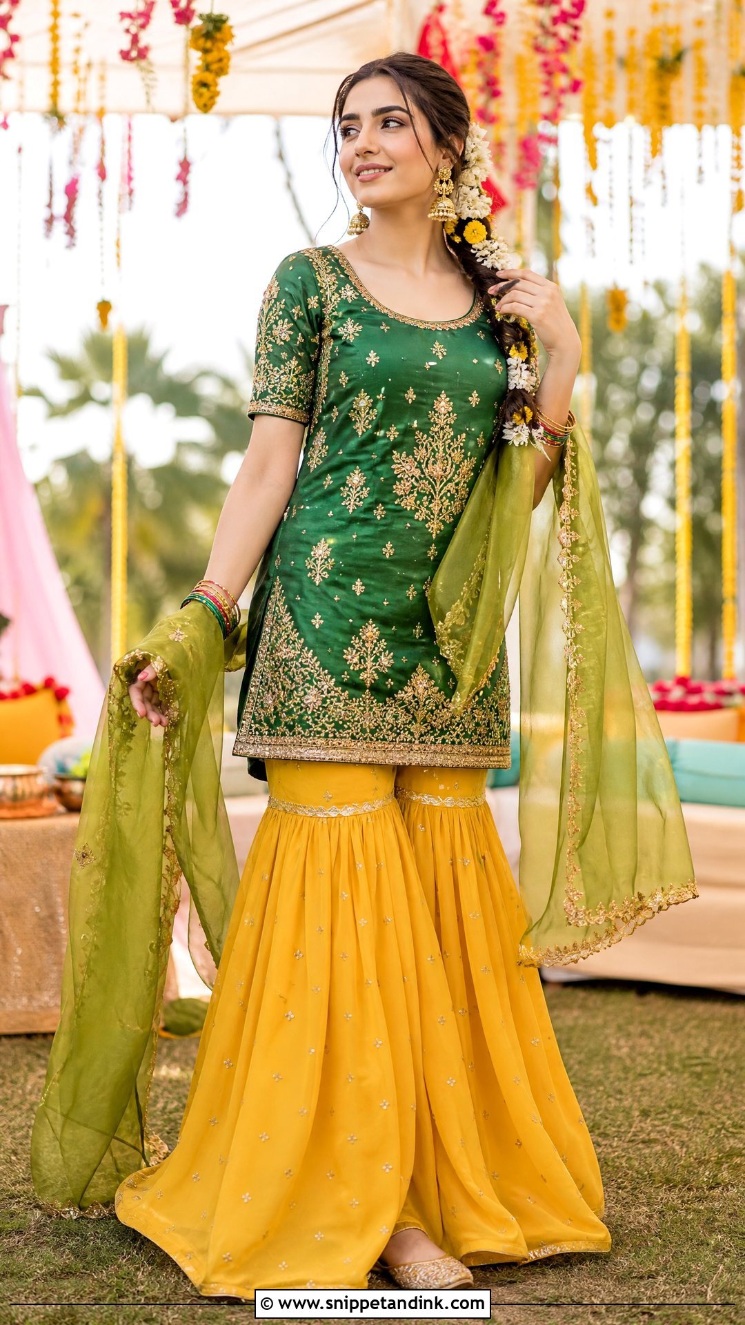 Pakistani Yellow Gharara With Green Kurti - Snippet and Ink - 20 Pakistani Wedding Wear for Sister Ideas