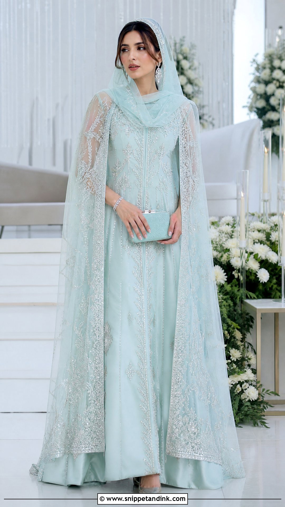 Pale Aqua Pastel Nikkah Cape Gown - Snippet and Ink - 20 Pastel Nikkah Outfit Ideas