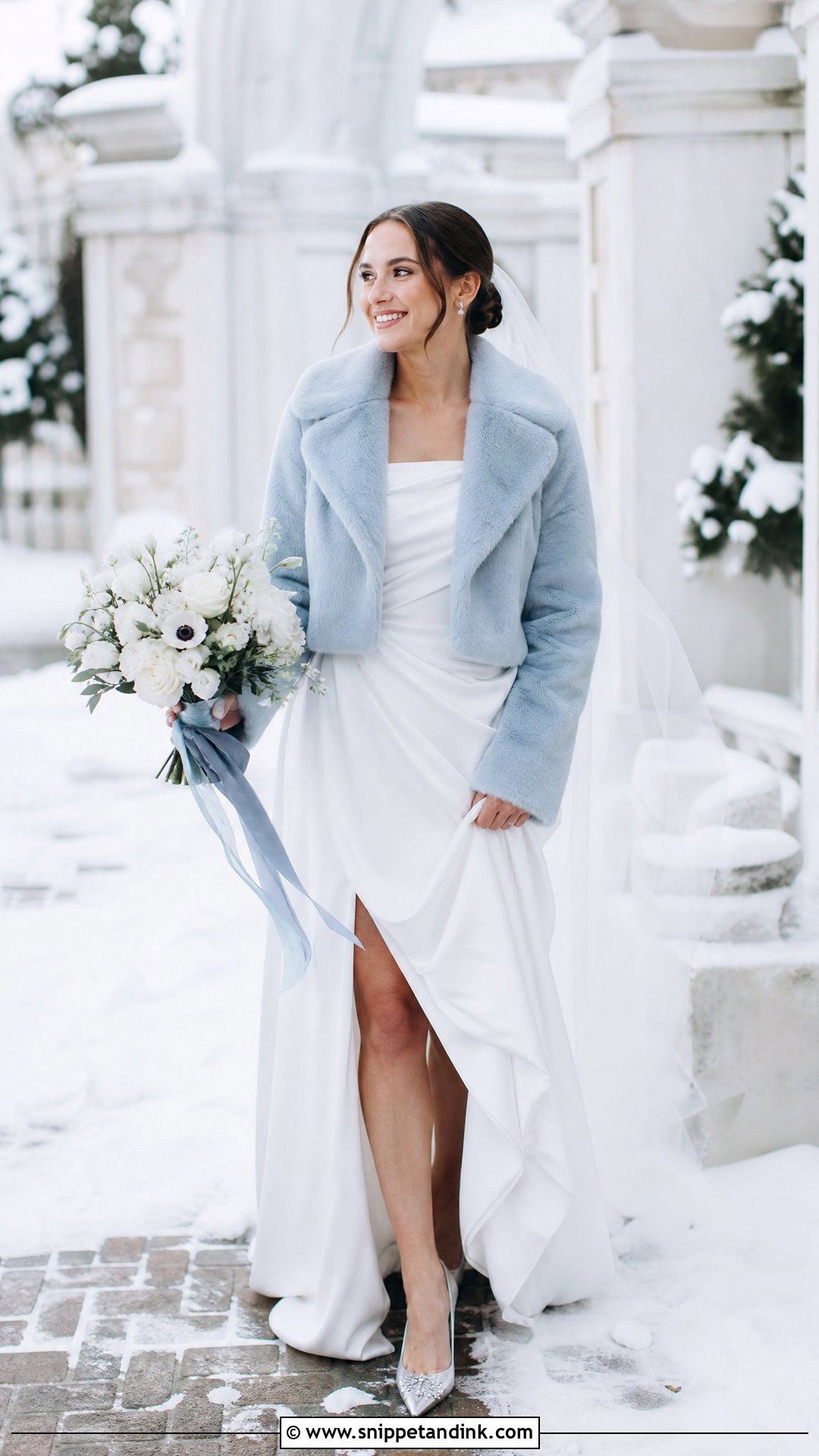 Pale Blue Fur Coat With Winter Wedding Gown - Snippet and Ink - 20 Wedding Fur Coat Ideas