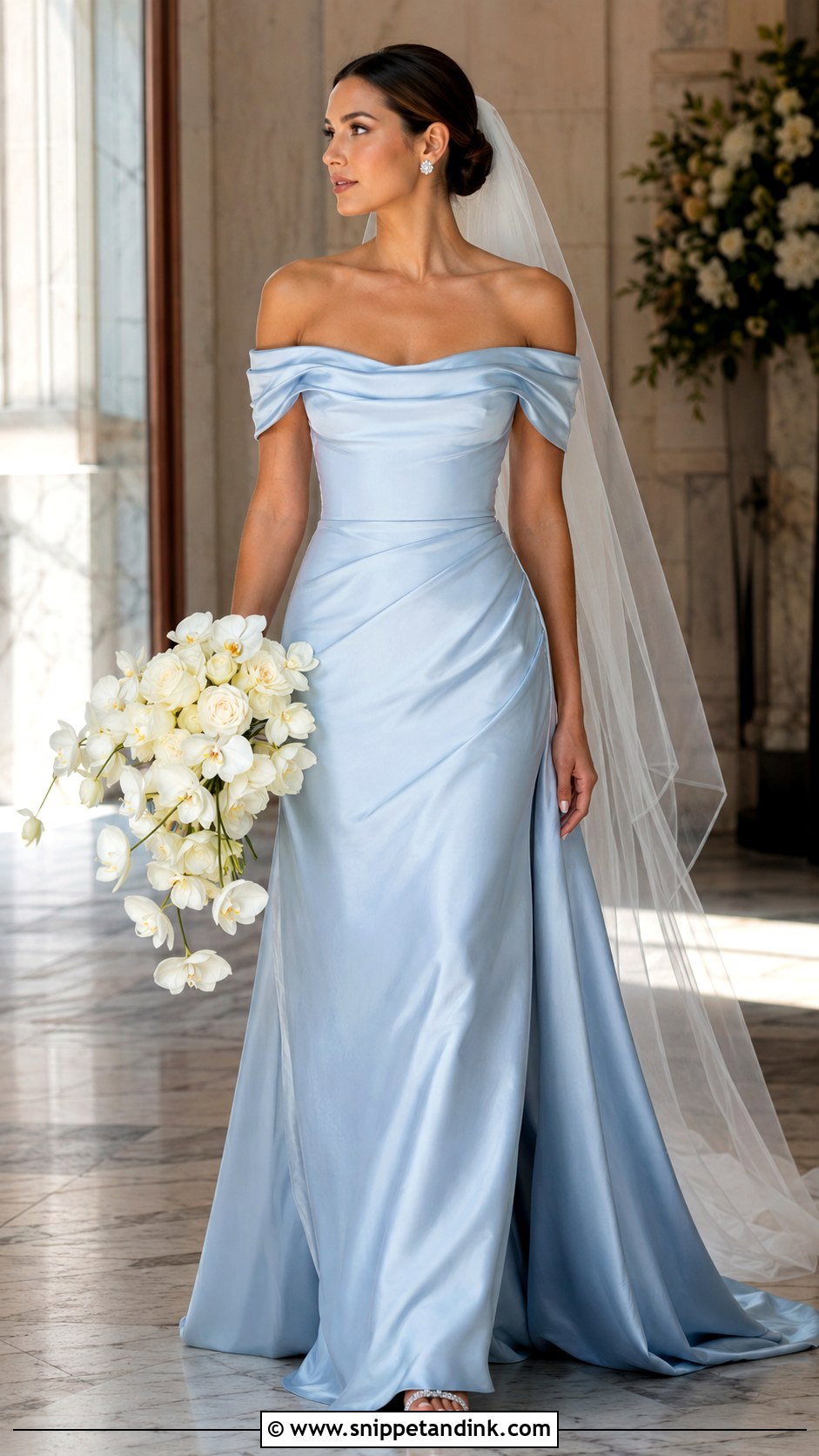 Pale Blue Off the Shoulder Wedding Dress - Snippet and Ink - 20 Pale Blue Wedding Dress Ideas