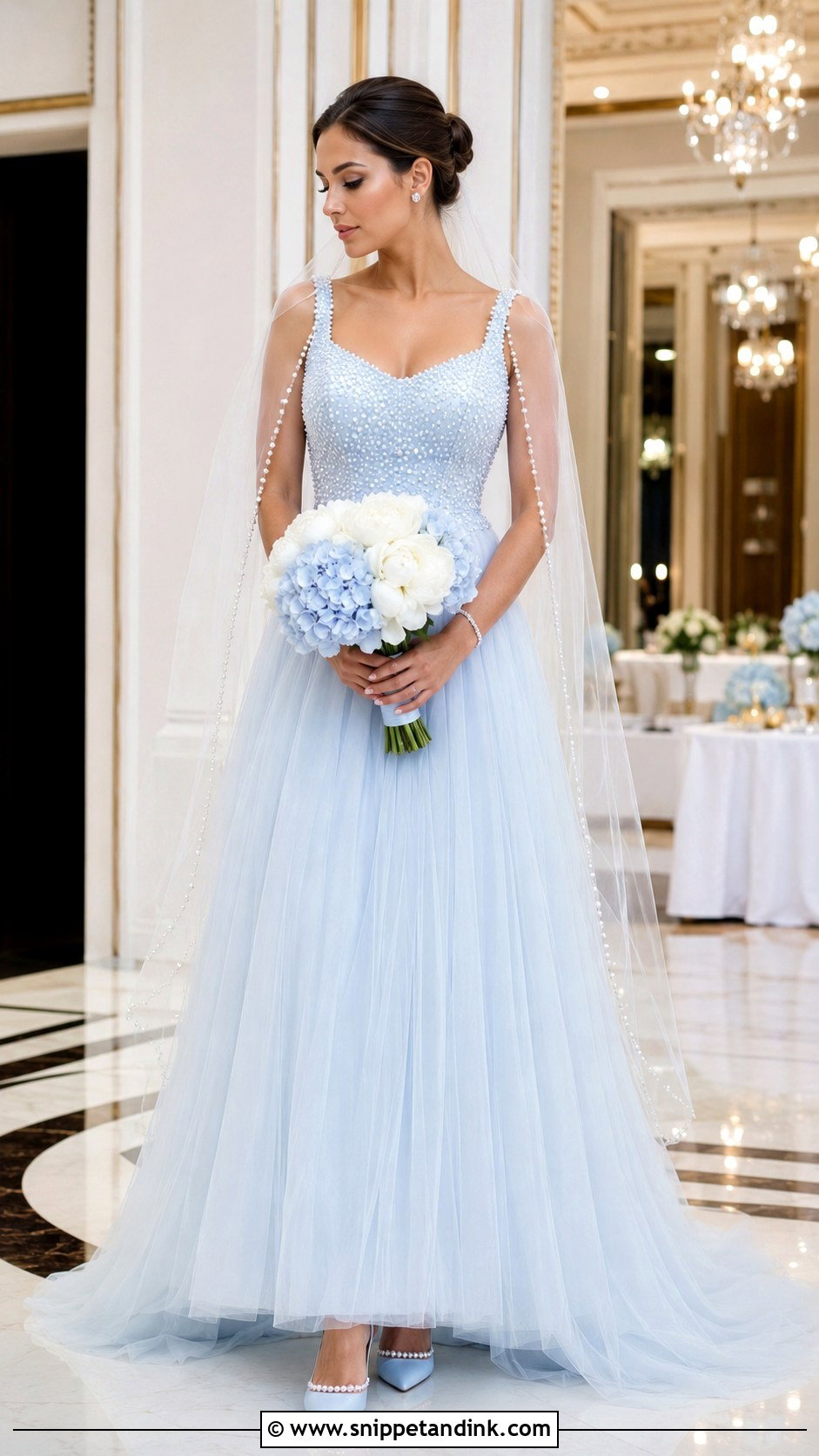 Pale Blue Pearl Embellished Wedding Dress - Snippet and Ink - 20 Pale Blue Wedding Dress Ideas