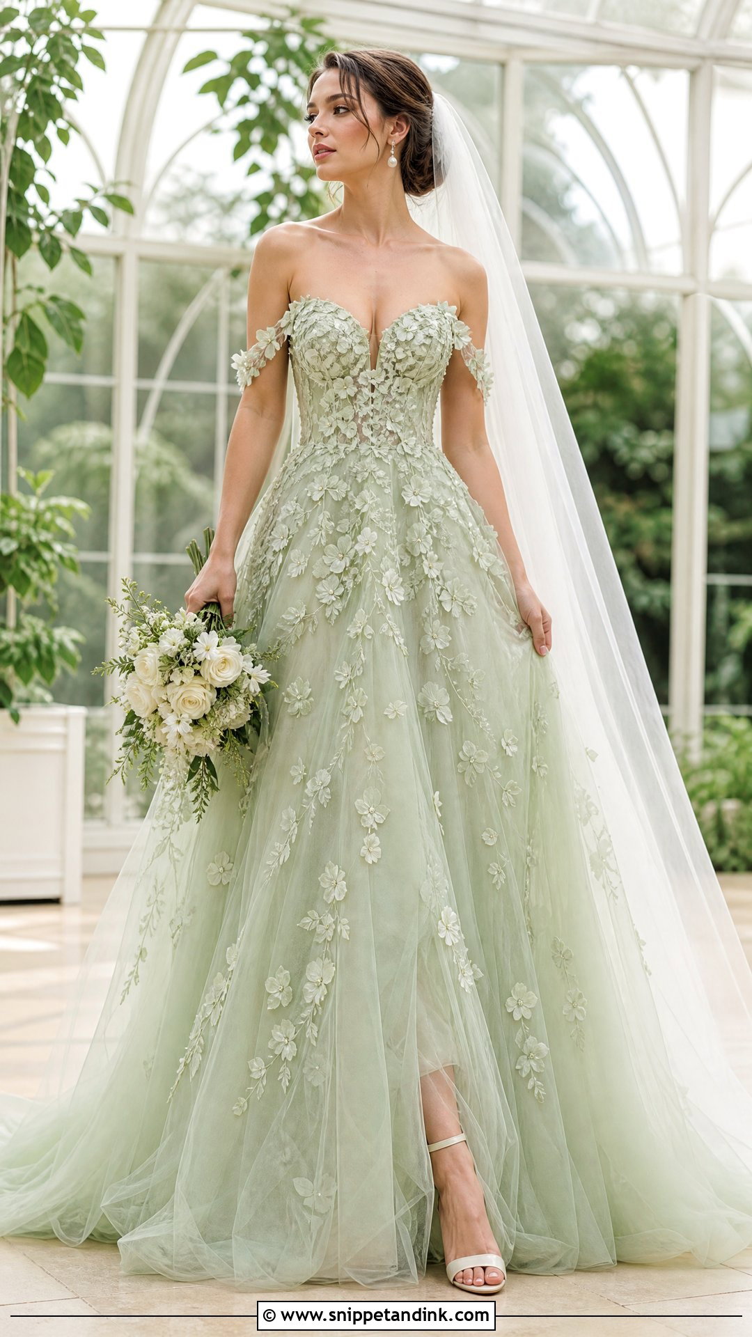 Pale Green Floral Applique Wedding Dress - Snippet and Ink - 20 Pastel Green Wedding Dress Ideas