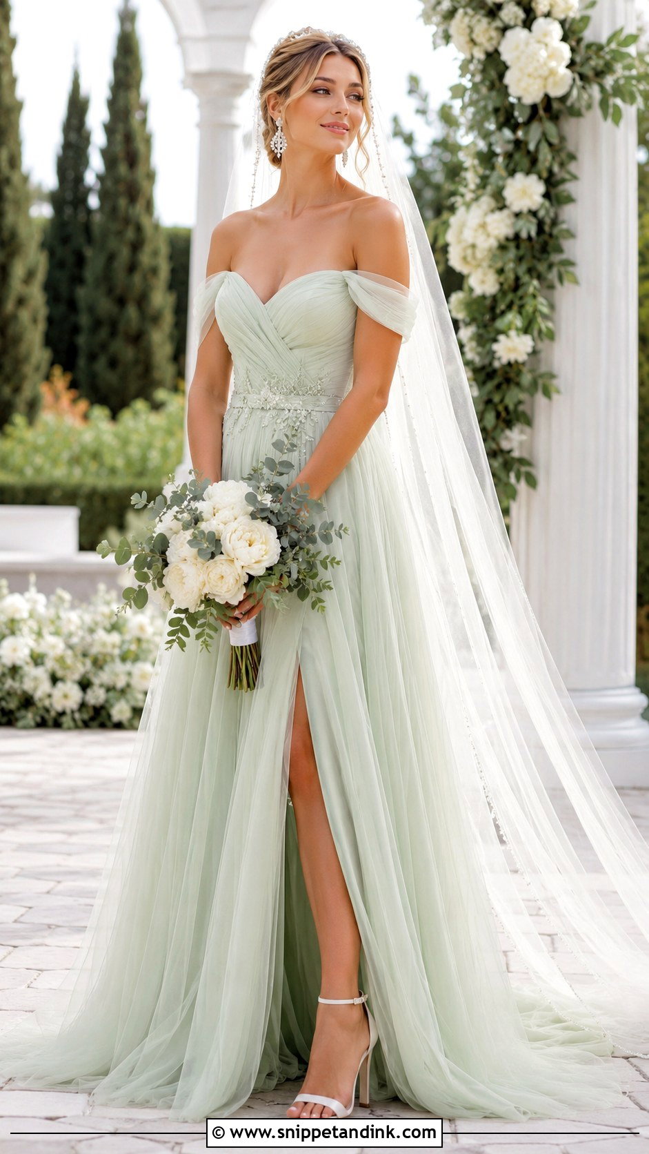 Pale Green Off Shoulder Wedding Dress - Snippet and Ink - 25 Light Green Wedding Dress Ideas