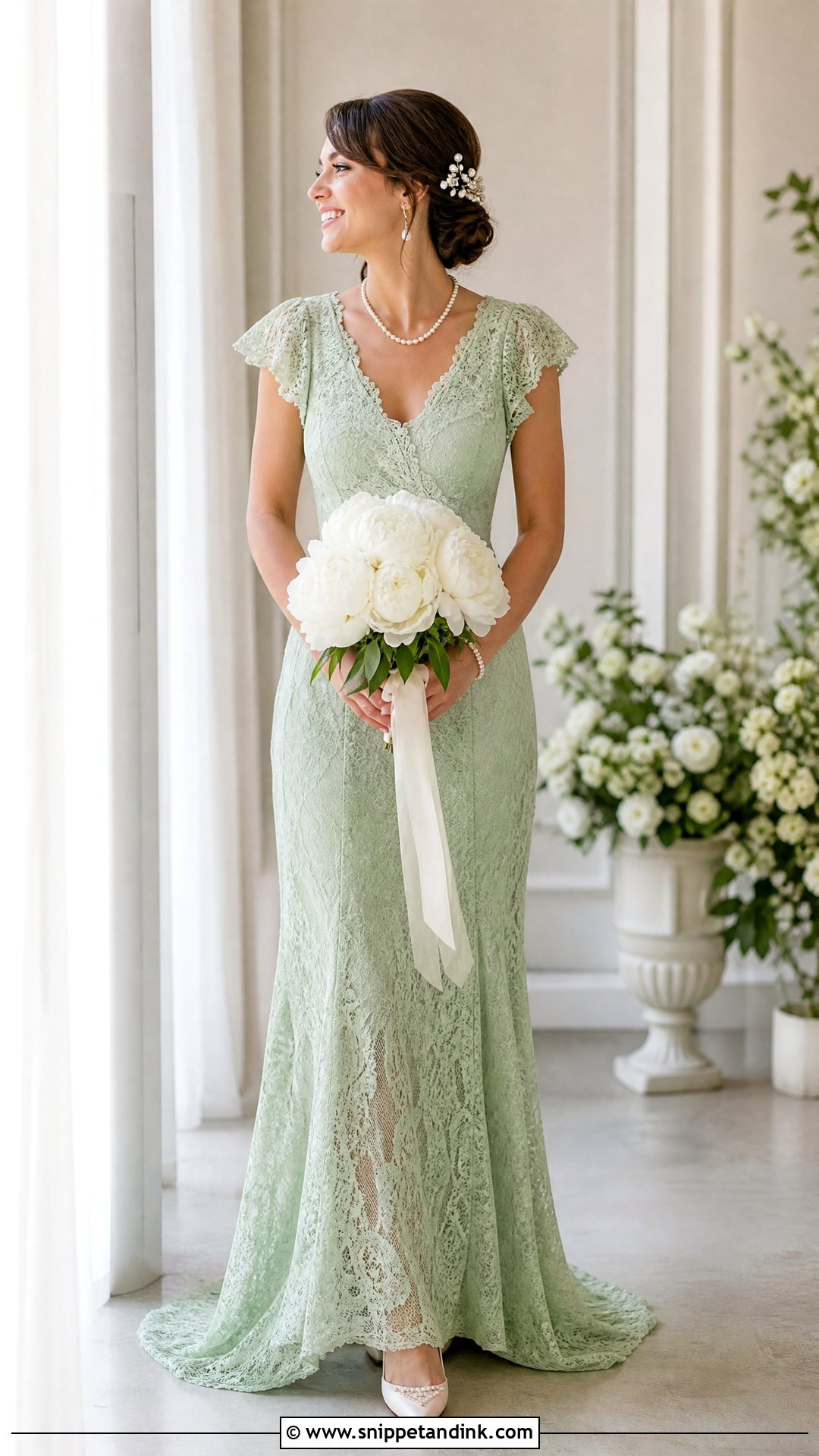 Pale Green Wedding Dress With Pearl Jewelry - Snippet and Ink - 25 Green Wedding Dress for Bride Ideas