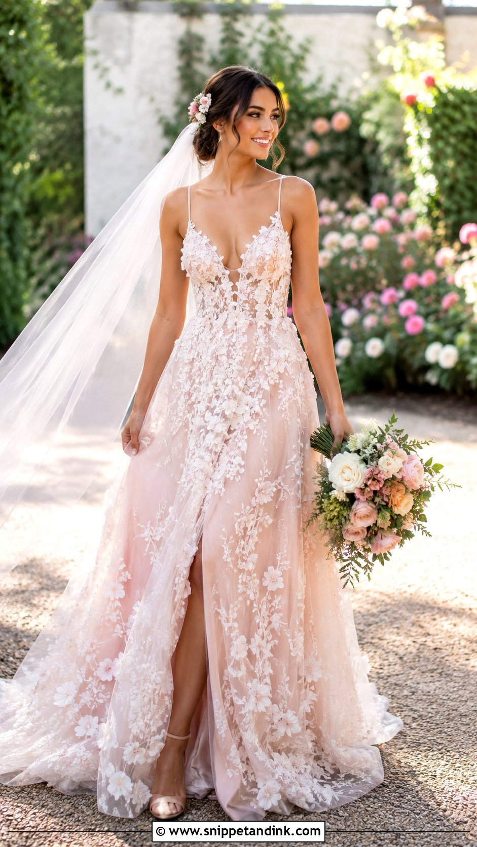 Pale Pink Floral Applique Wedding Dress - Snippet and Ink - 25 Pale Pink Wedding Dress Ideas
