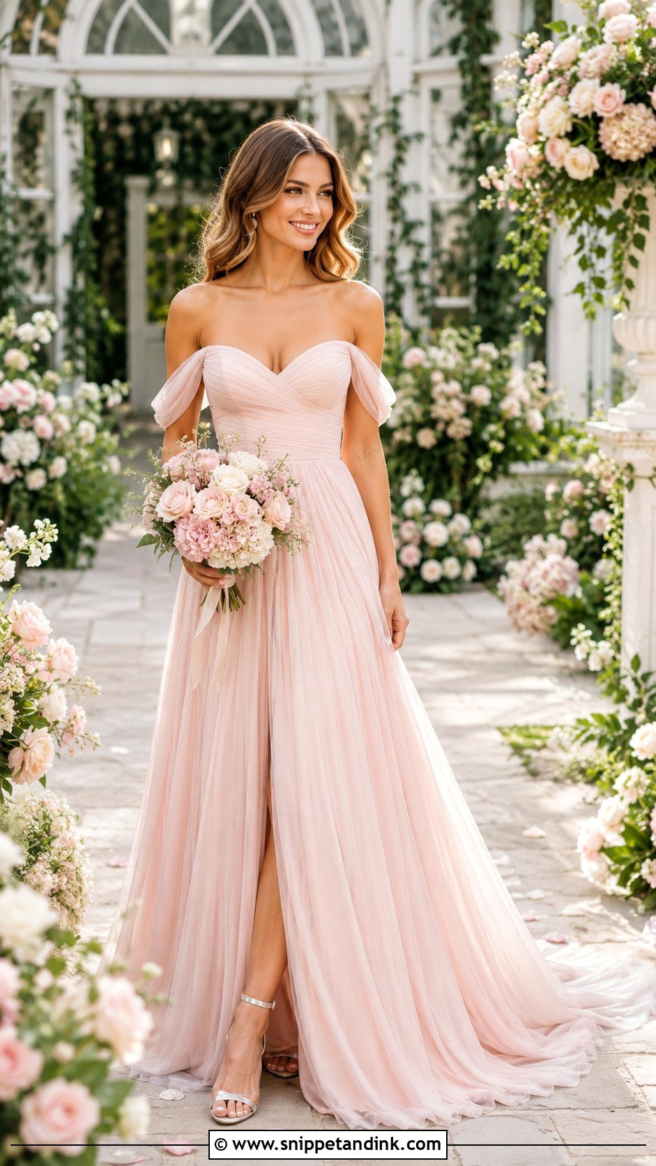 Pale Pink Off Shoulder Wedding Dress - Snippet and Ink - 25 Pale Pink Wedding Dress Ideas
