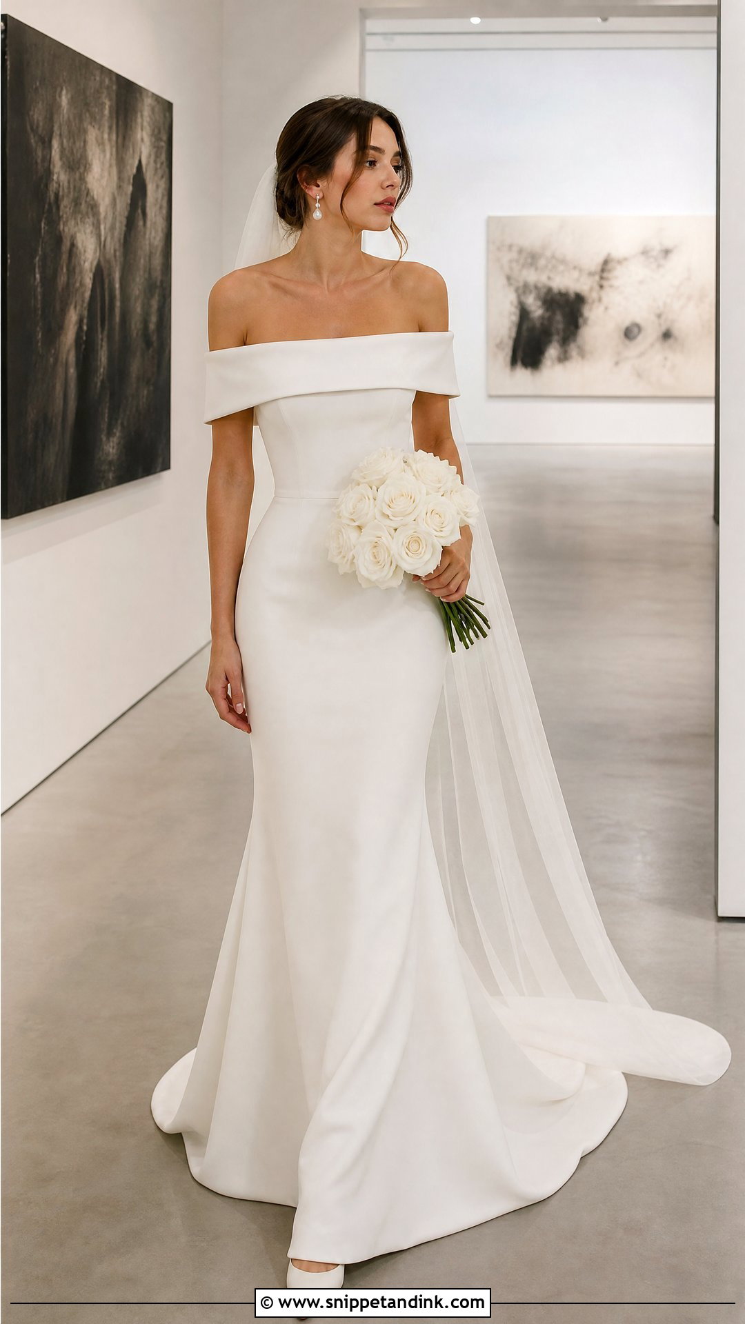 Parisian Off Shoulder Crepe Wedding Dress - Snippet and Ink - 20 Parisian Wedding Dress Ideas