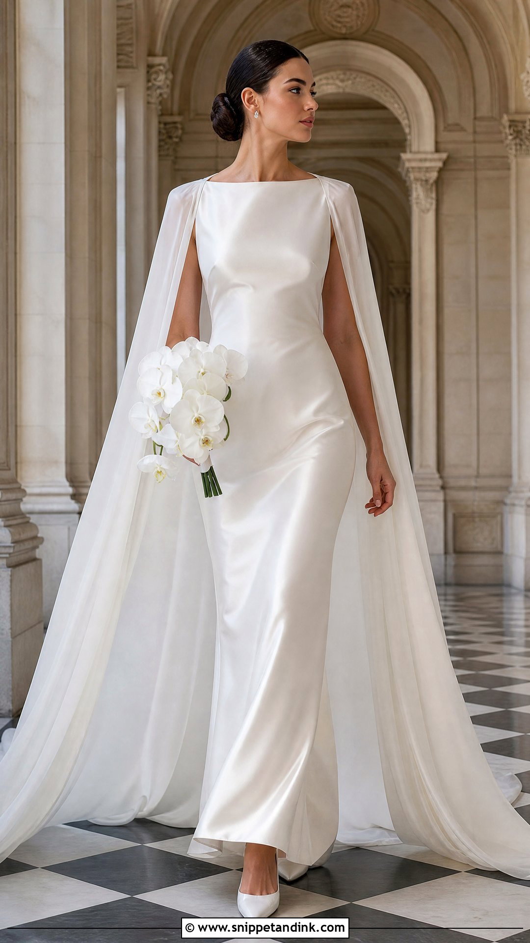 Parisian Satin Wedding Dress With Cape - Snippet and Ink - 20 Parisian Wedding Dress Ideas