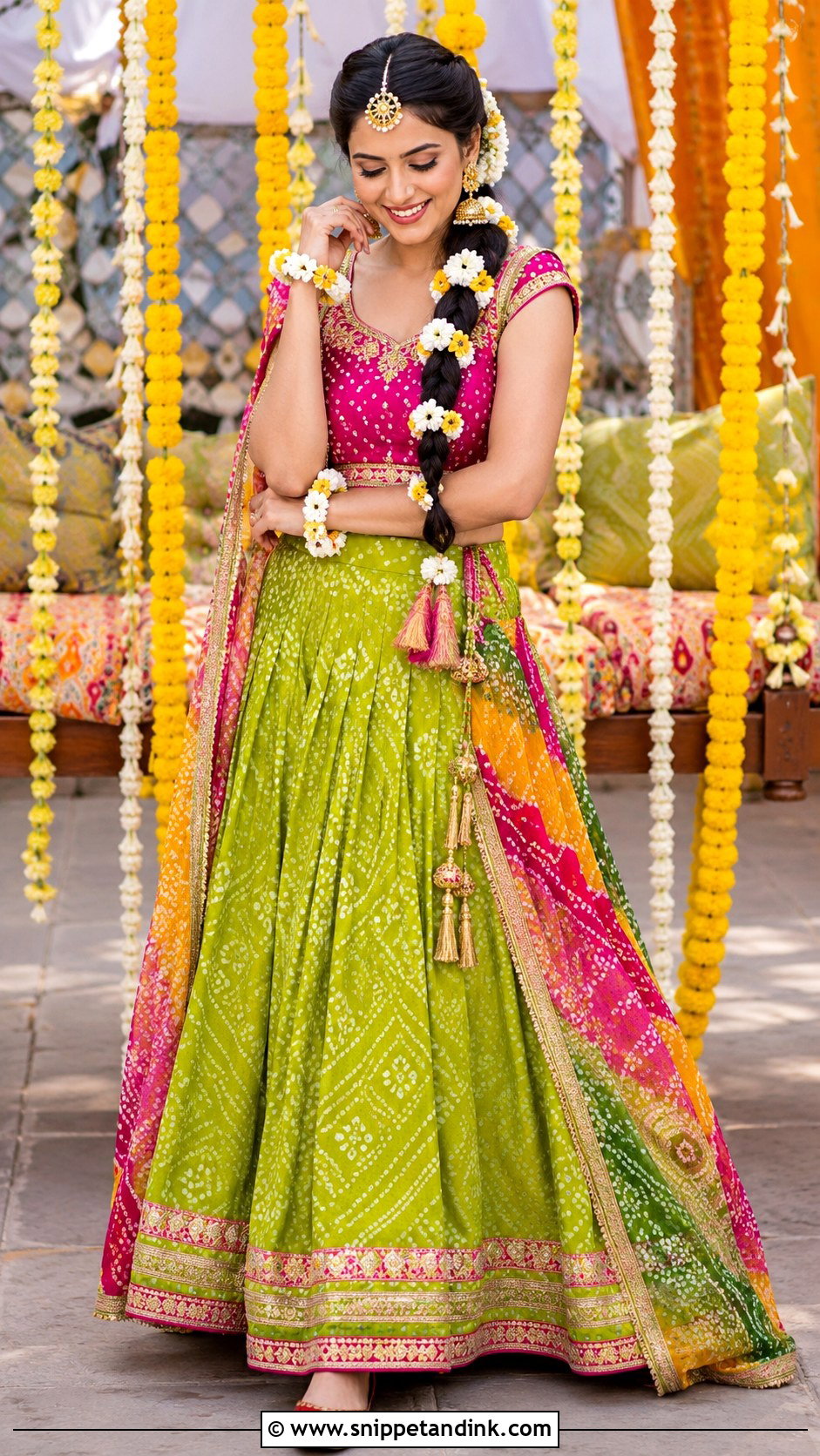 Parrot Green Bandhani Bridal Mehndi Lehenga - Snippet and Ink - 20 Green Bridal Mehndi Outfit Ideas