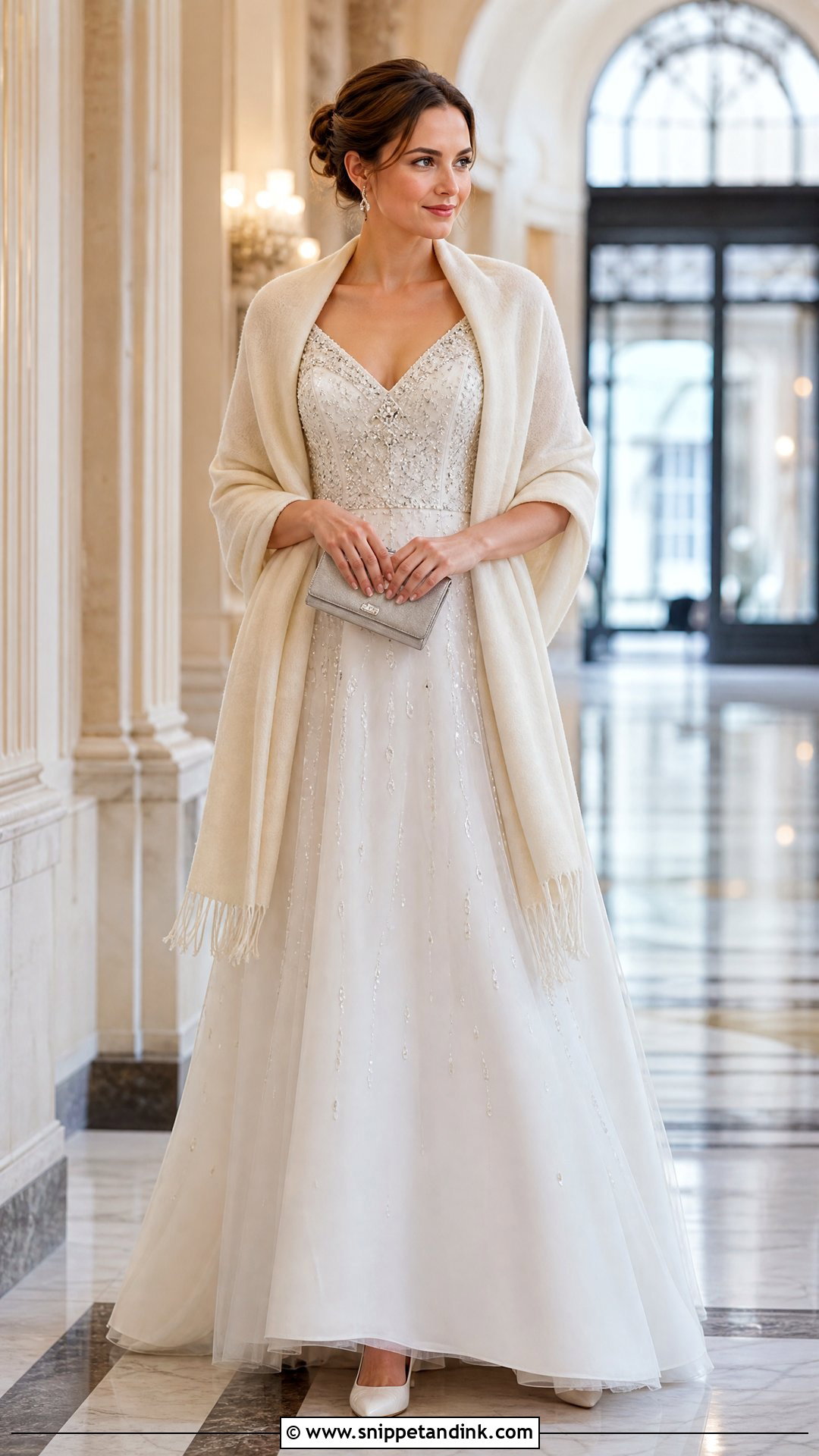 Pashmina Wrap With Embellished Winter Wedding Dress - Snippet and Ink - 25 Winter Wedding Dress Coverups Ideas