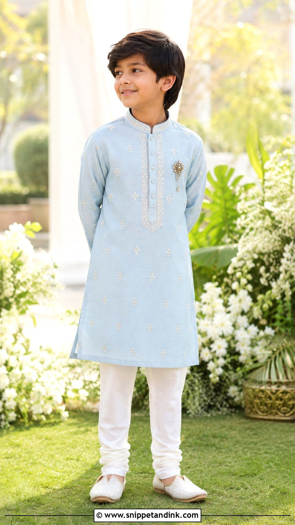 Pastel Blue Embroidered Kurta With White Churidar - Snippet and Ink - 20 Kurta for Boys Wedding Ideas