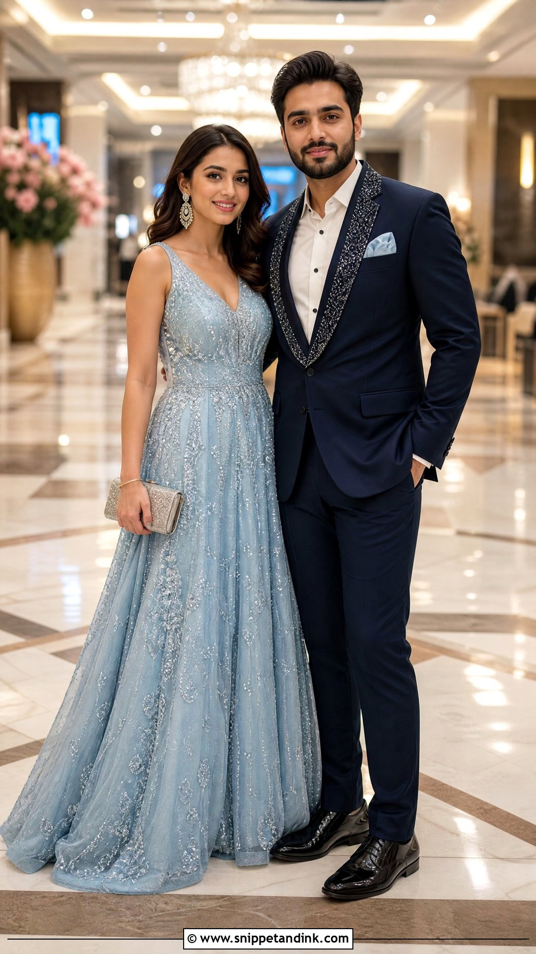 Pastel Blue Gown And Embroidered Tuxedo Sangeet Couple Outfit - Snippet and Ink - 20 Sangeet Outfit for Couple Ideas