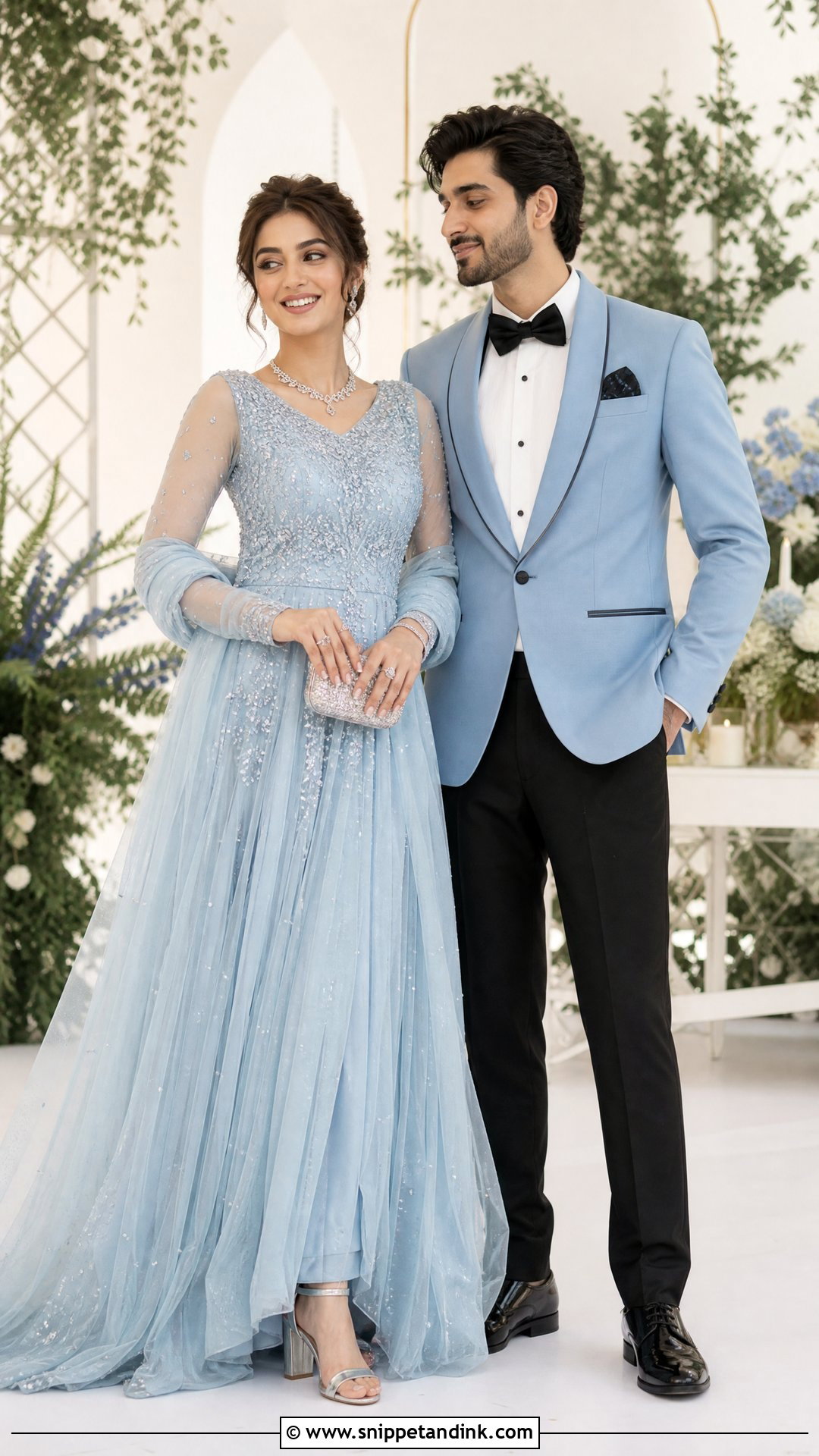 Pastel Blue Gown And Matching Tuxedo - Snippet and Ink - 20 Ring Ceremony Couple Dress Ideas