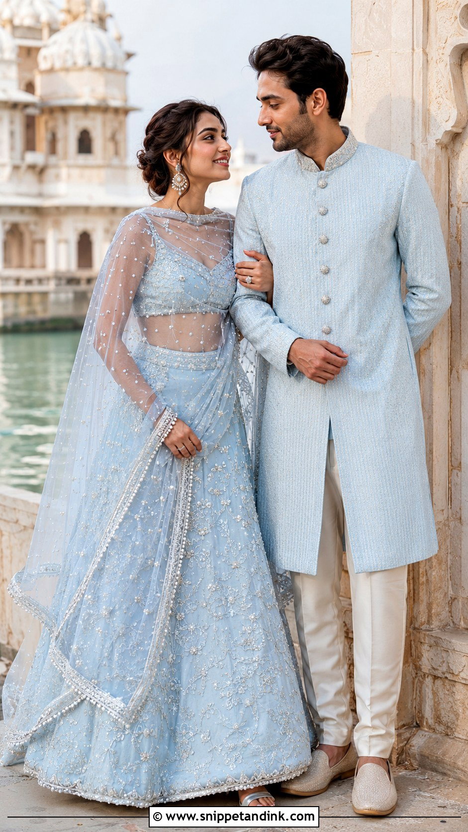 Pastel Blue Lehenga And Powder Blue Sherwani Outfit - Snippet and Ink - 20 Indian Wedding Couple Outfits