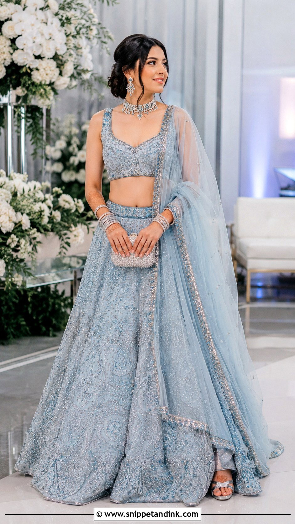 Pastel Blue Lehenga With Silver Crystal Bangles - Snippet and Ink - 20 Bridal Bengal Set Ideas
