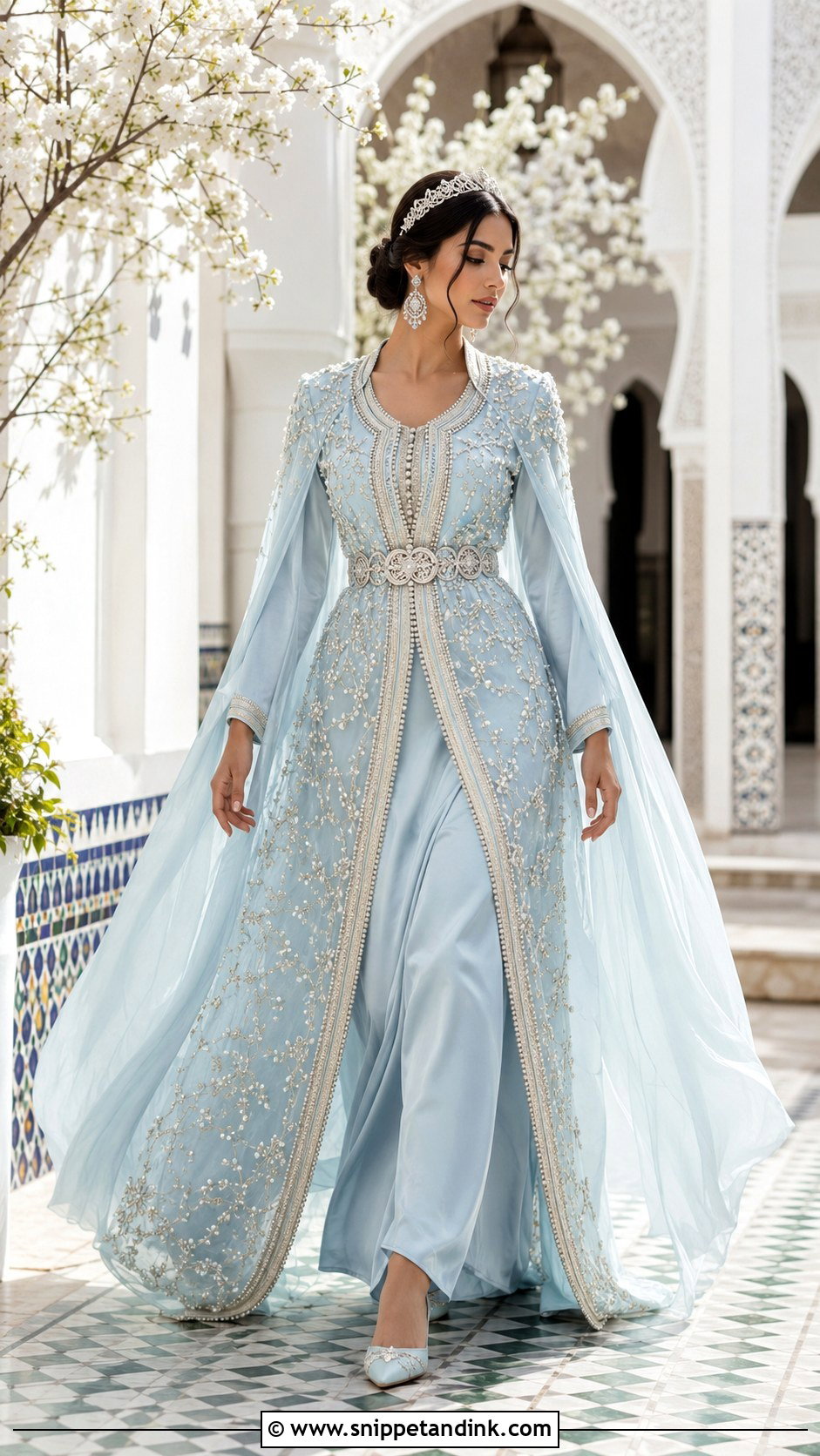 Pastel Blue Moroccan Bride Takchita With Cape - Snippet and Ink - 20 Moroccan Bride Dress Ideas