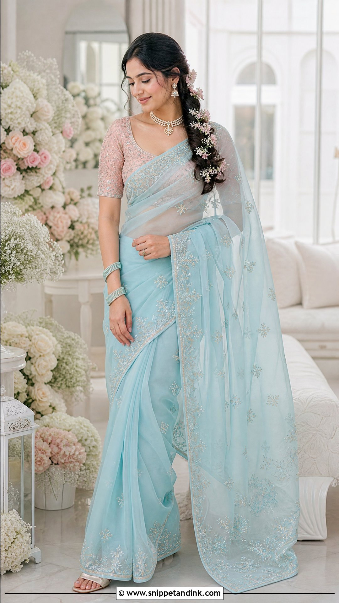 Pastel Blue Saree Pellikuthuru Look - Snippet and Ink - 20 Pellikuthuru Look Ideas